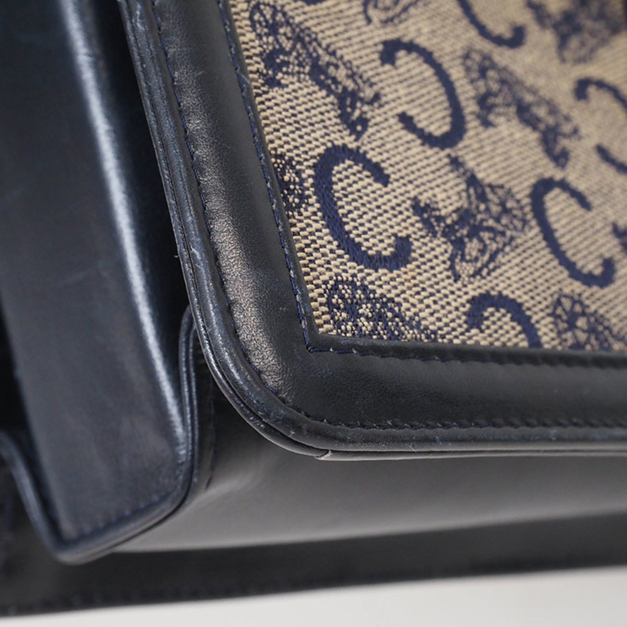 Celine Beige Navy Canvas Leather Shoulder Bag (Pre-Owned)