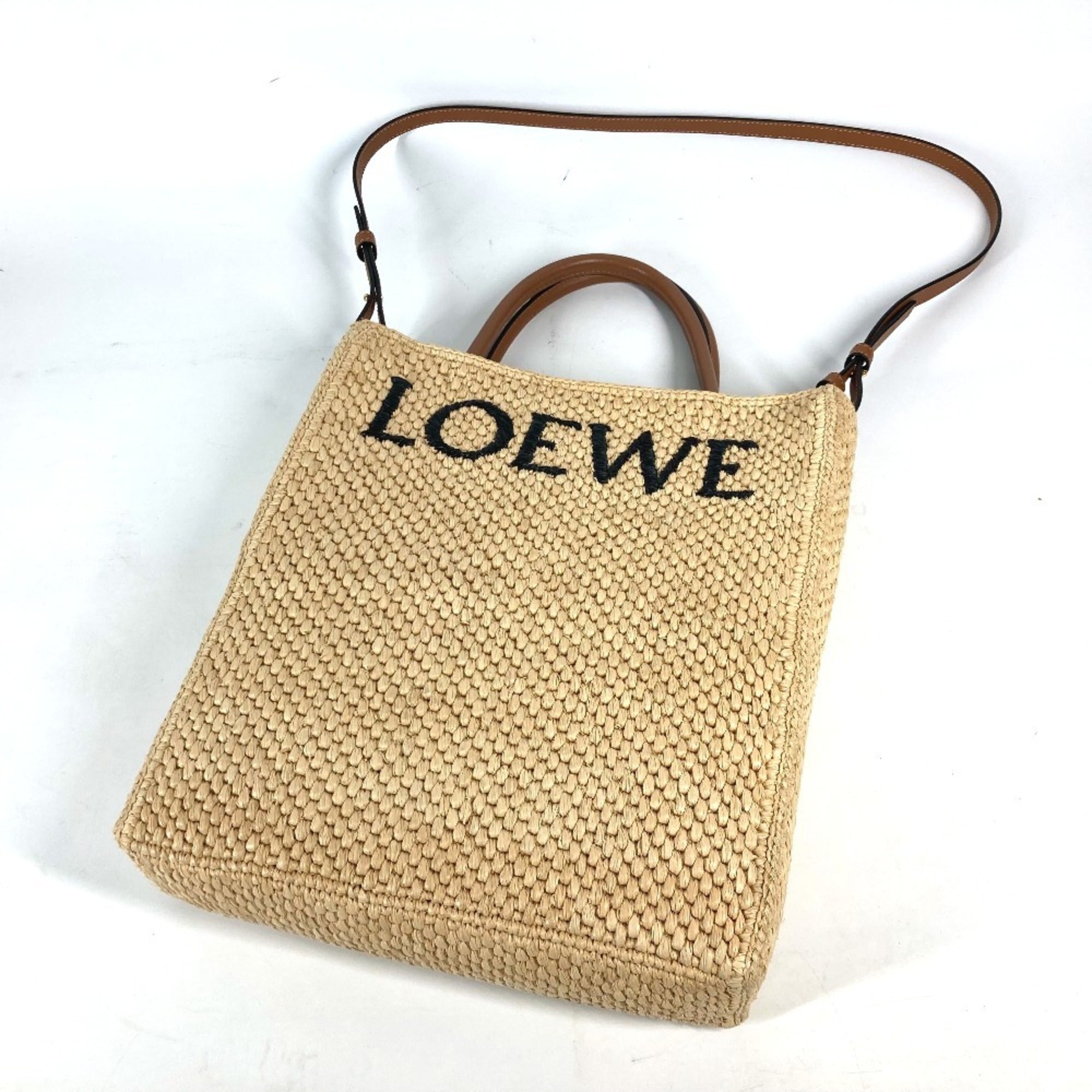 Loewe Beige Brown Raffia Handbag Shoulder Bag Tote Bag (Pre-Owned)