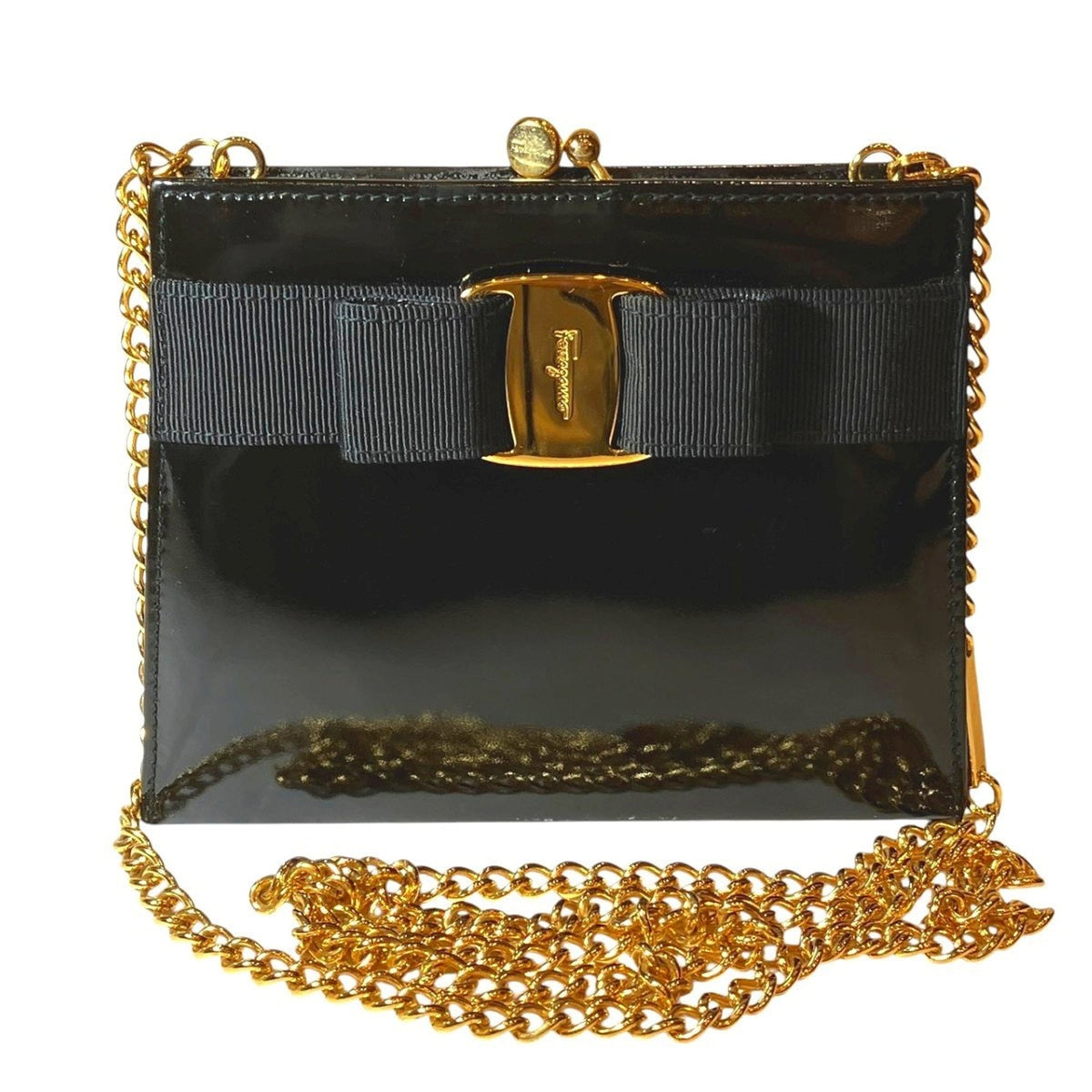 Salvatore Ferragamo Vara Black Patent Leather Shoulder Bag (Pre-Owned)