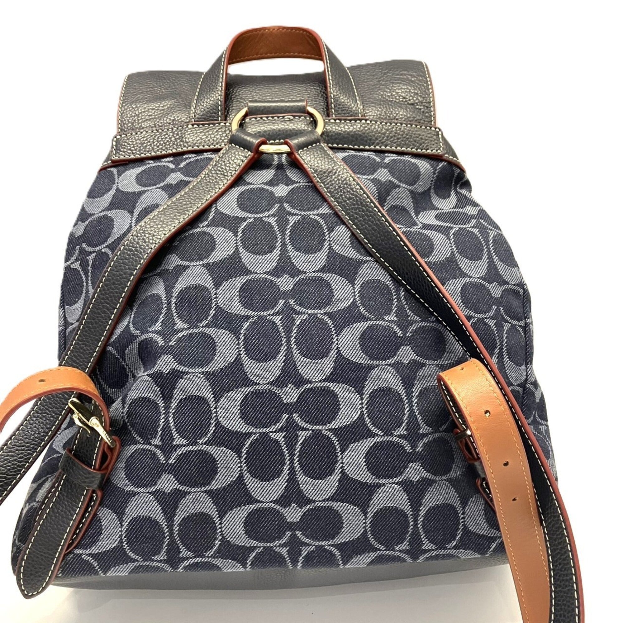Coach Signature Navy Jacquard Leather Backpack (Pre-Owned)