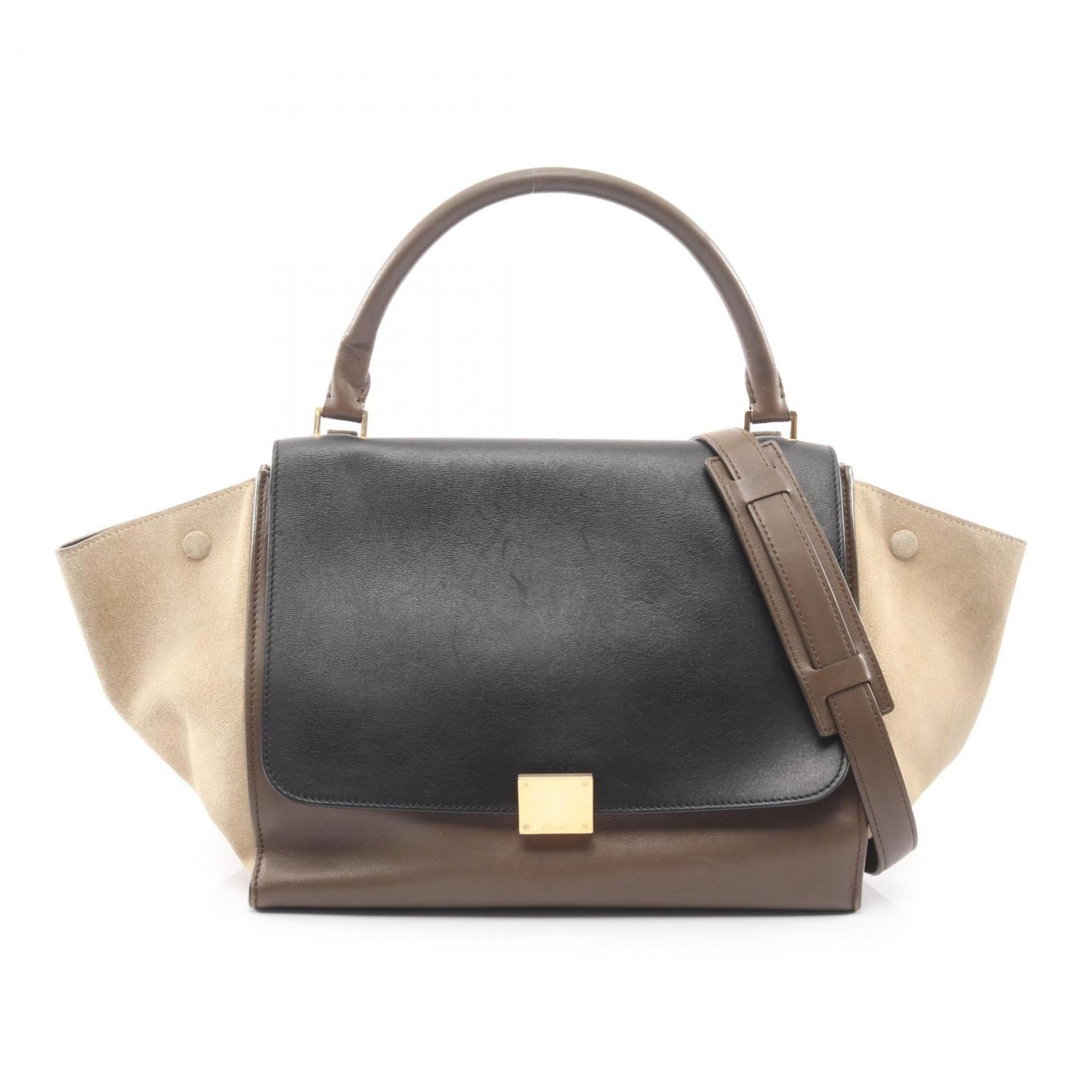 Celine Black Gray Khaki Leather Suede Handbag (Pre-Owned)
