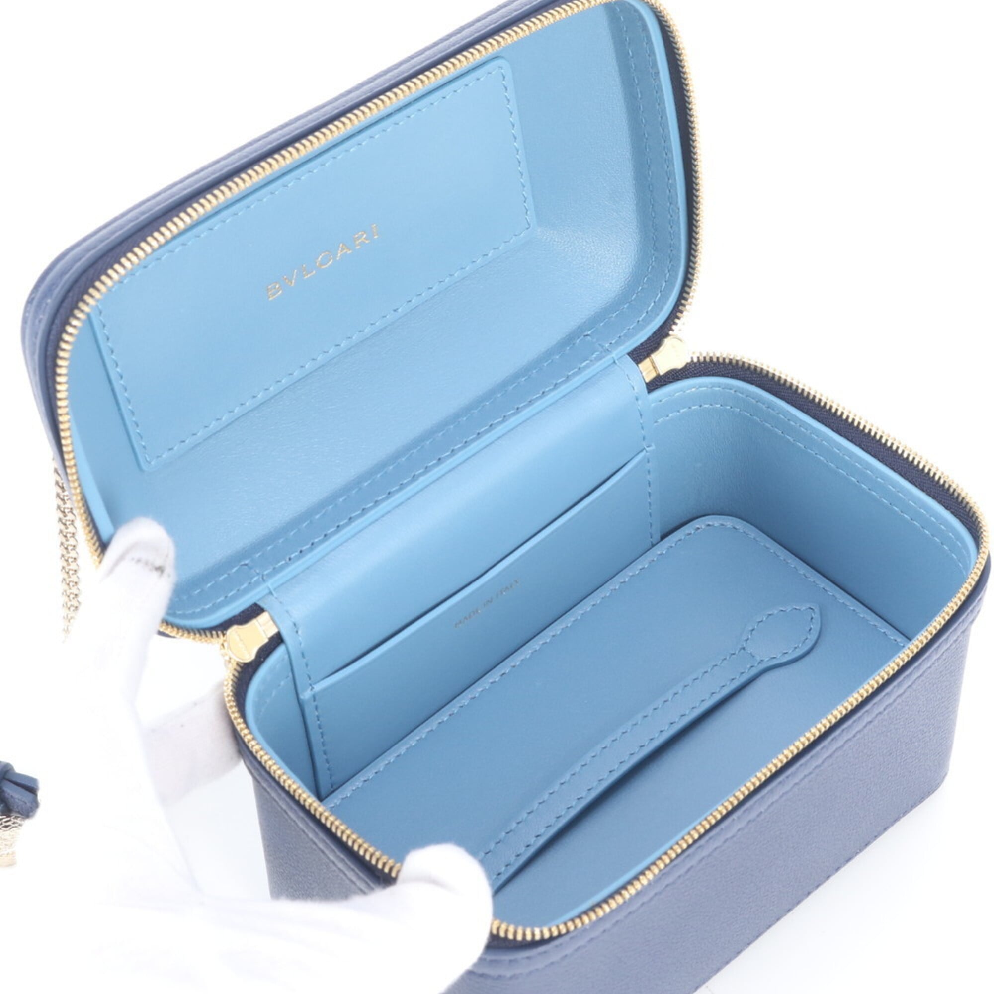 Bvlgari Navy Leather Handbag Shoulder Bag Vanity Bag (Pre-Owned)