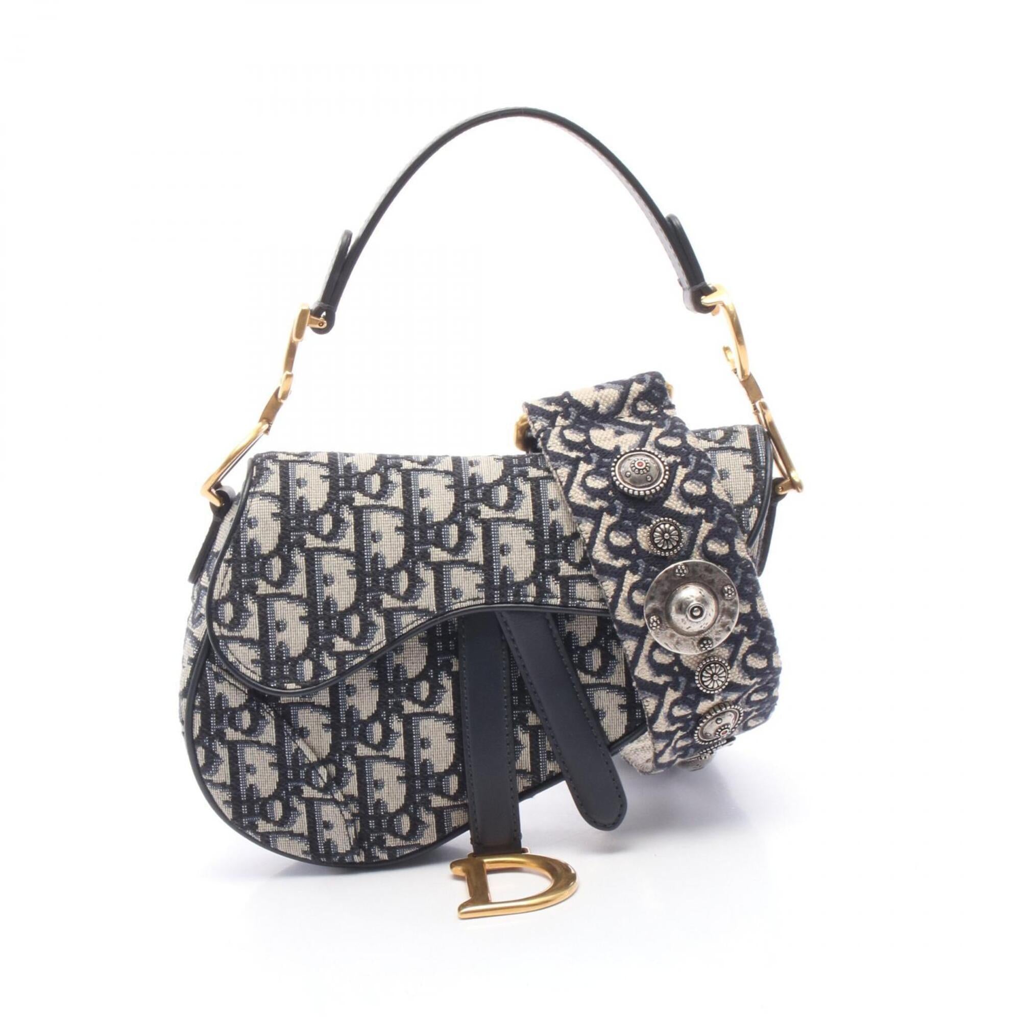 Christian Dior Beige Navy Canvas Leather Handbag Saddle Bag (Pre-Owned)