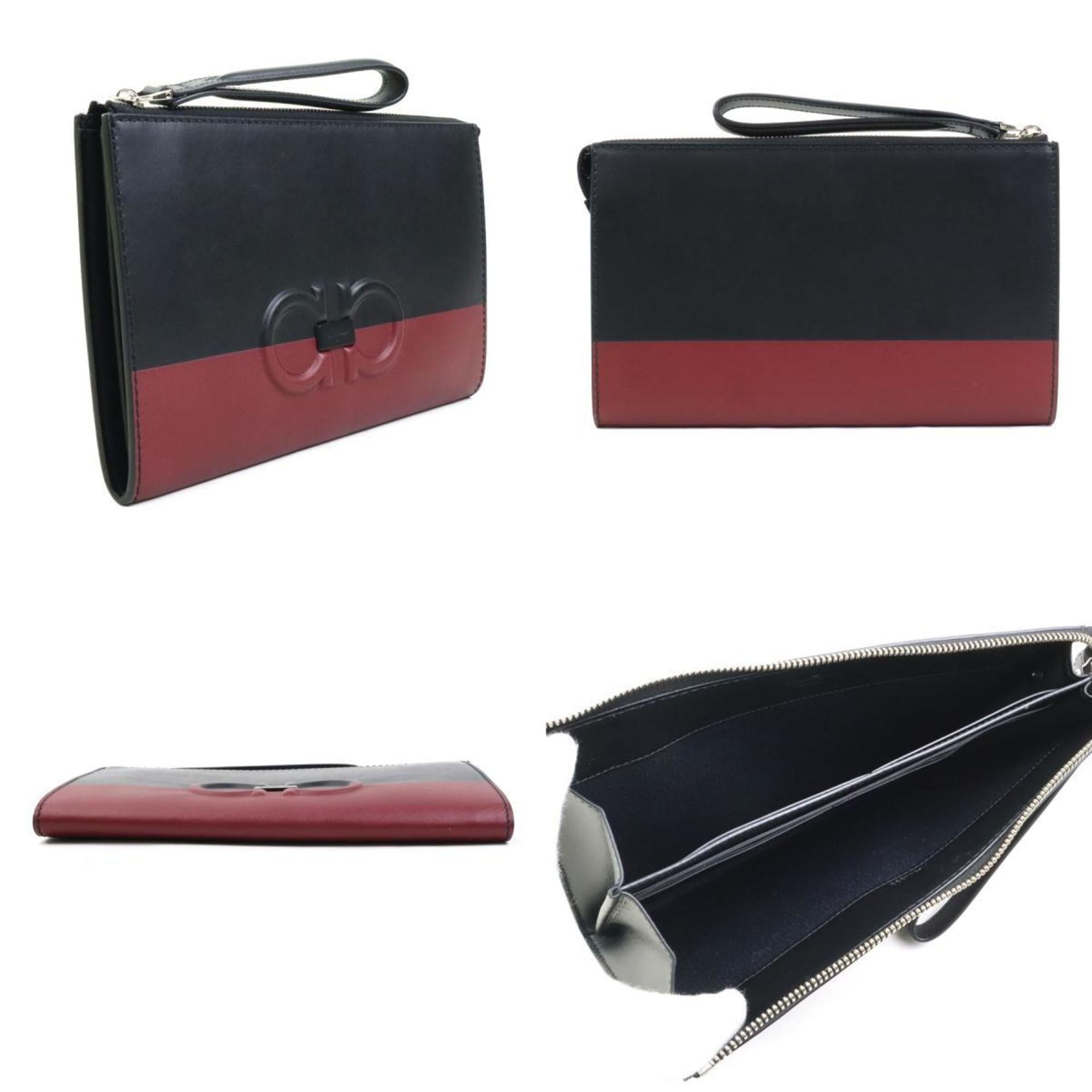 Salvatore Ferragamo Black Dark Red Leather Clutch Bag (Pre-Owned)