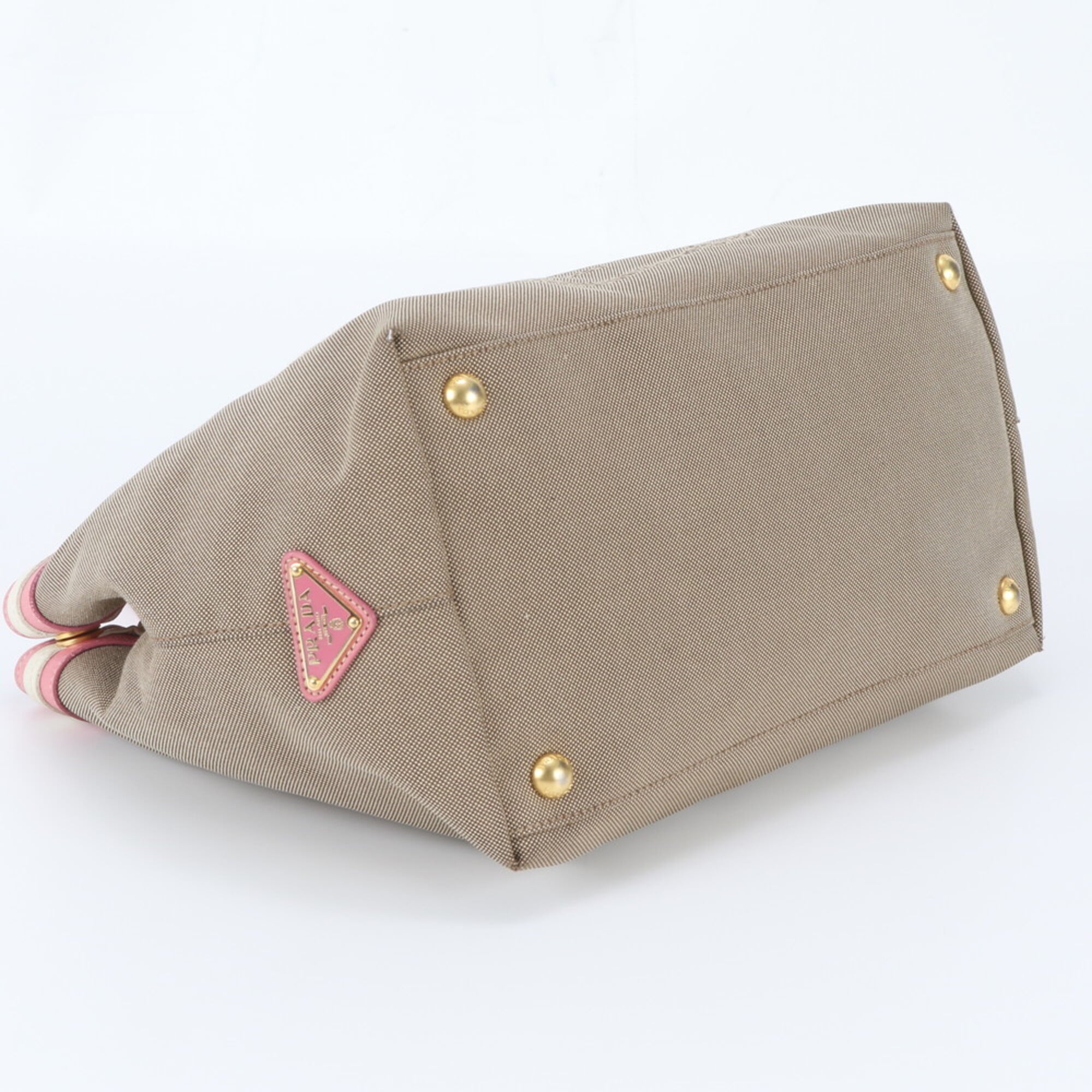 Prada Beige Pink Canvas Leather Handbag Tote Bag (Pre-Owned)