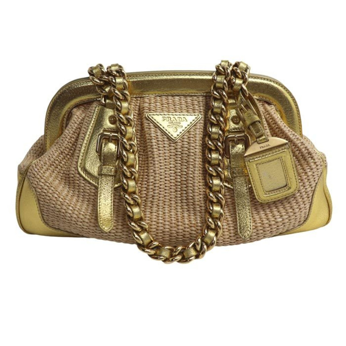 Prada Beige Gold Straw Leather Handbag (Pre-Owned)