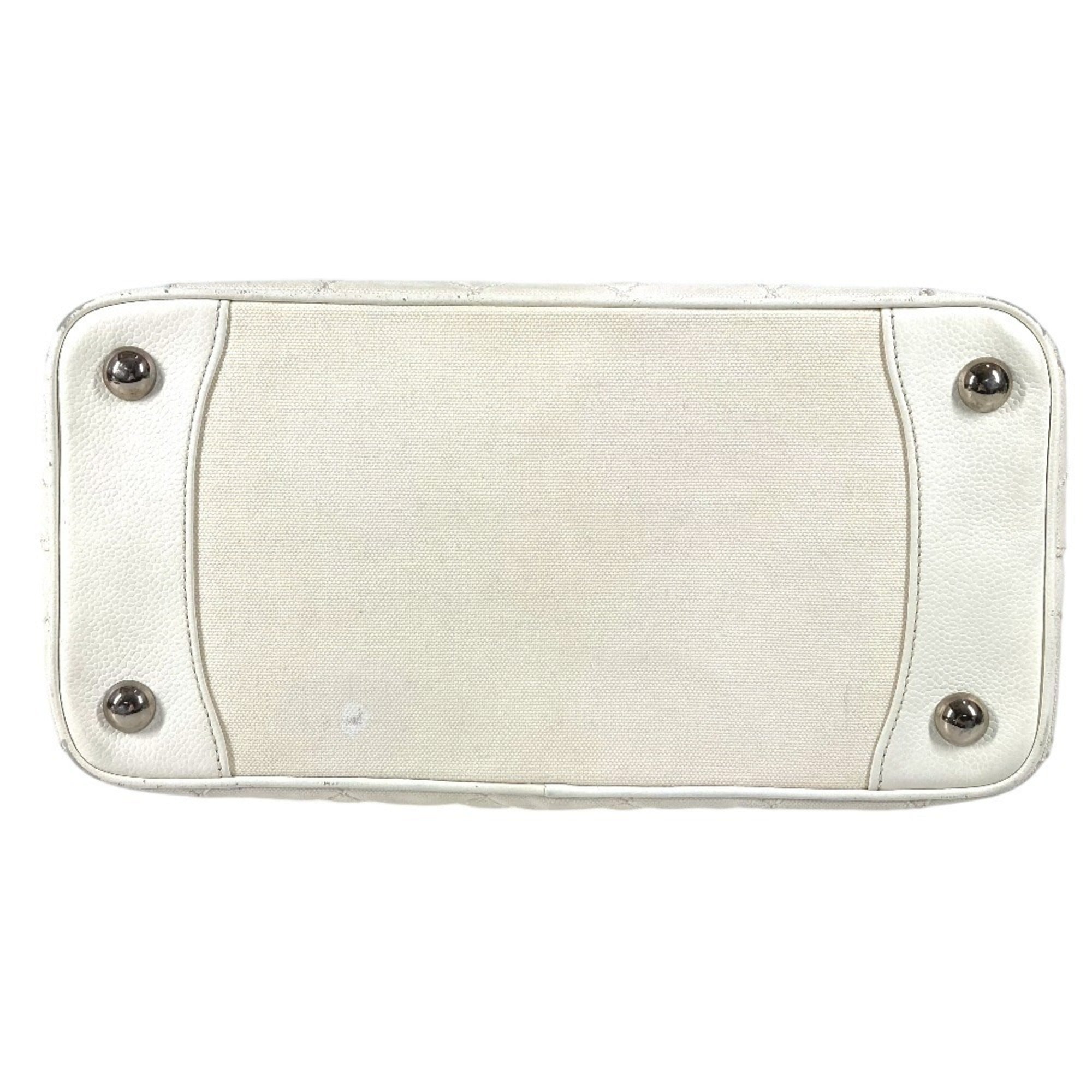 Chanel White Leather Canvas Shoulder Bag Tote Bag (Pre-Owned)