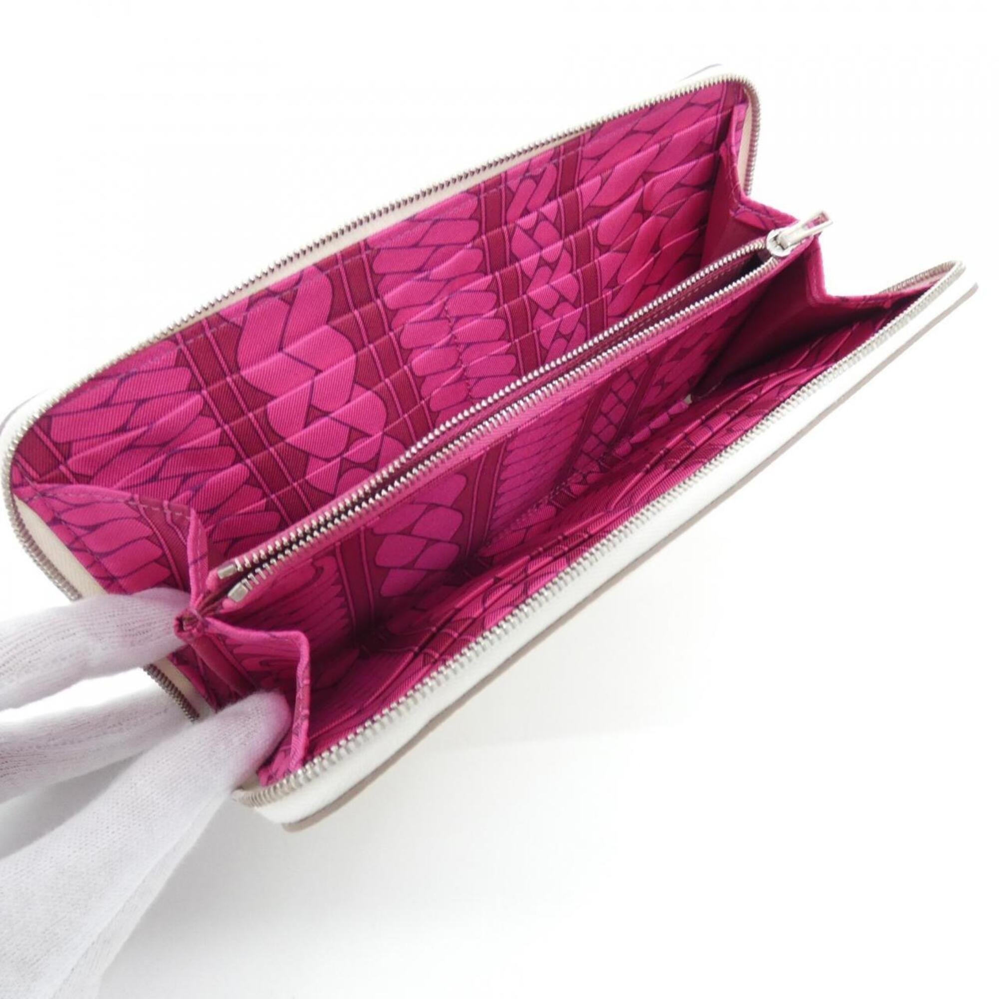 Hermes Rose Tyrien White Epsom Leather Silk Long Wallet (Bi-Fold) (Pre-Owned)