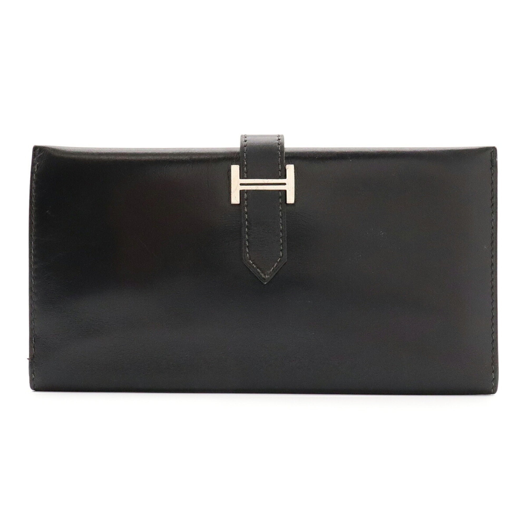 Hermes Black Box Calf Leather Long Wallet (Bi-Fold) (Pre-Owned)