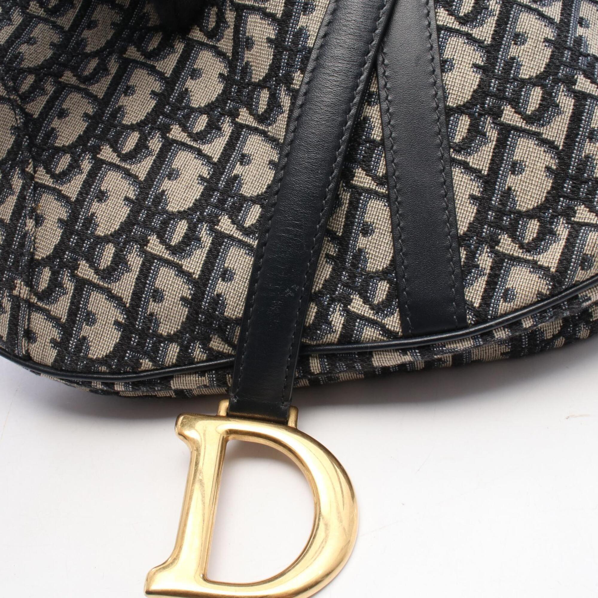 Christian Dior Beige Navy Canvas Leather Handbag Saddle Bag (Pre-Owned)