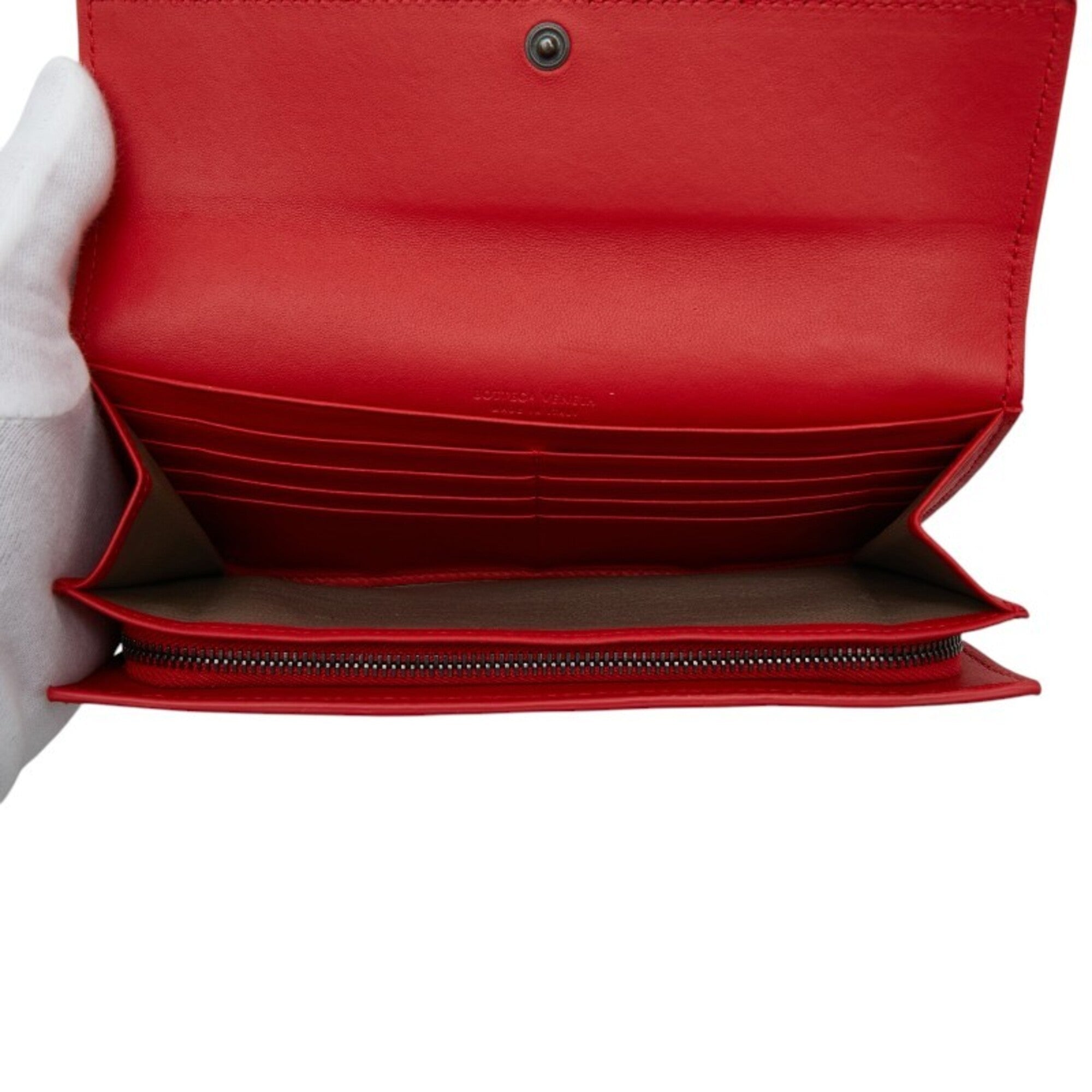 Bottega Veneta Red Color Leather Long Wallet (Bi-Fold) (Pre-Owned)
