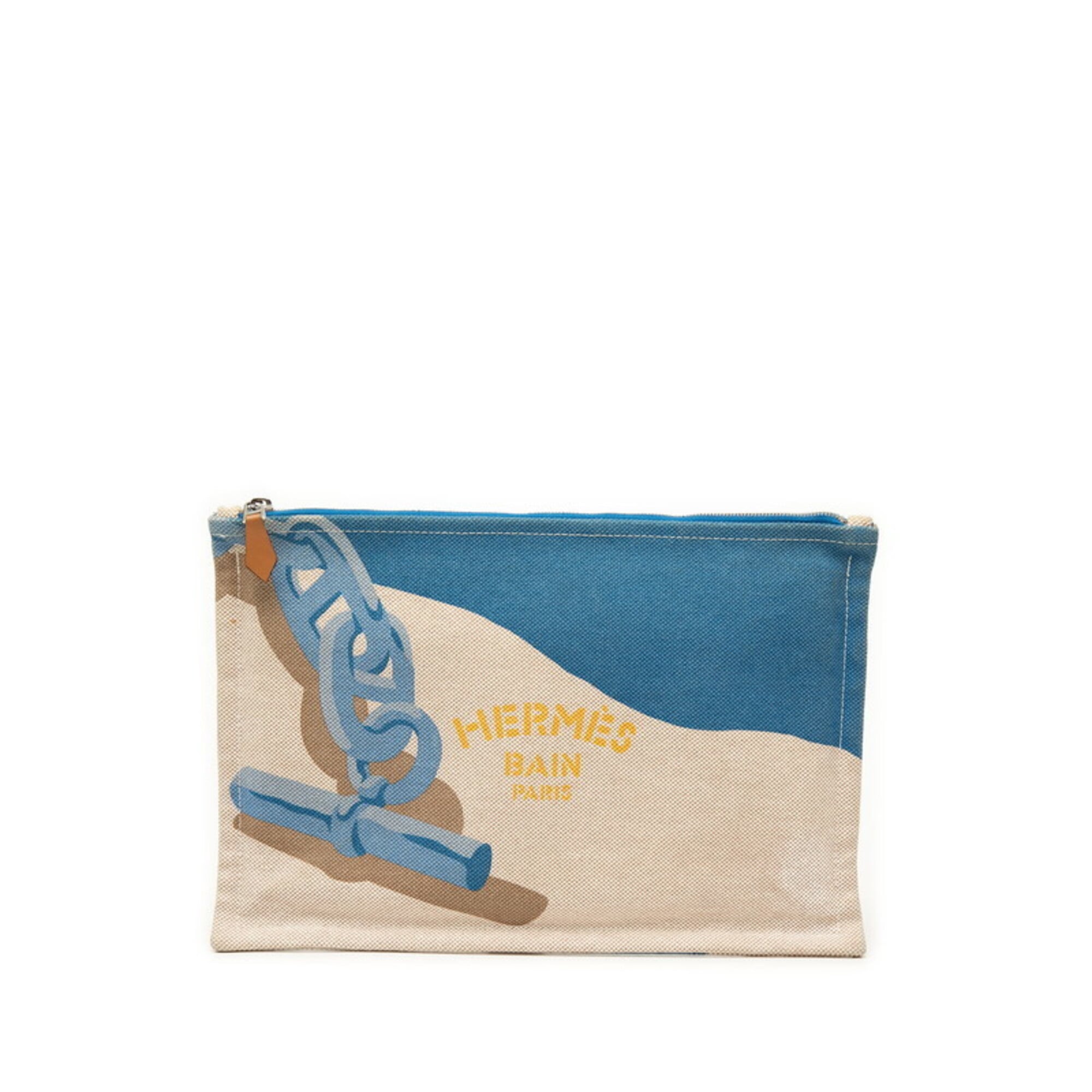 Hermes Beige Blue Canvas Clutch Bag (Pre-Owned)