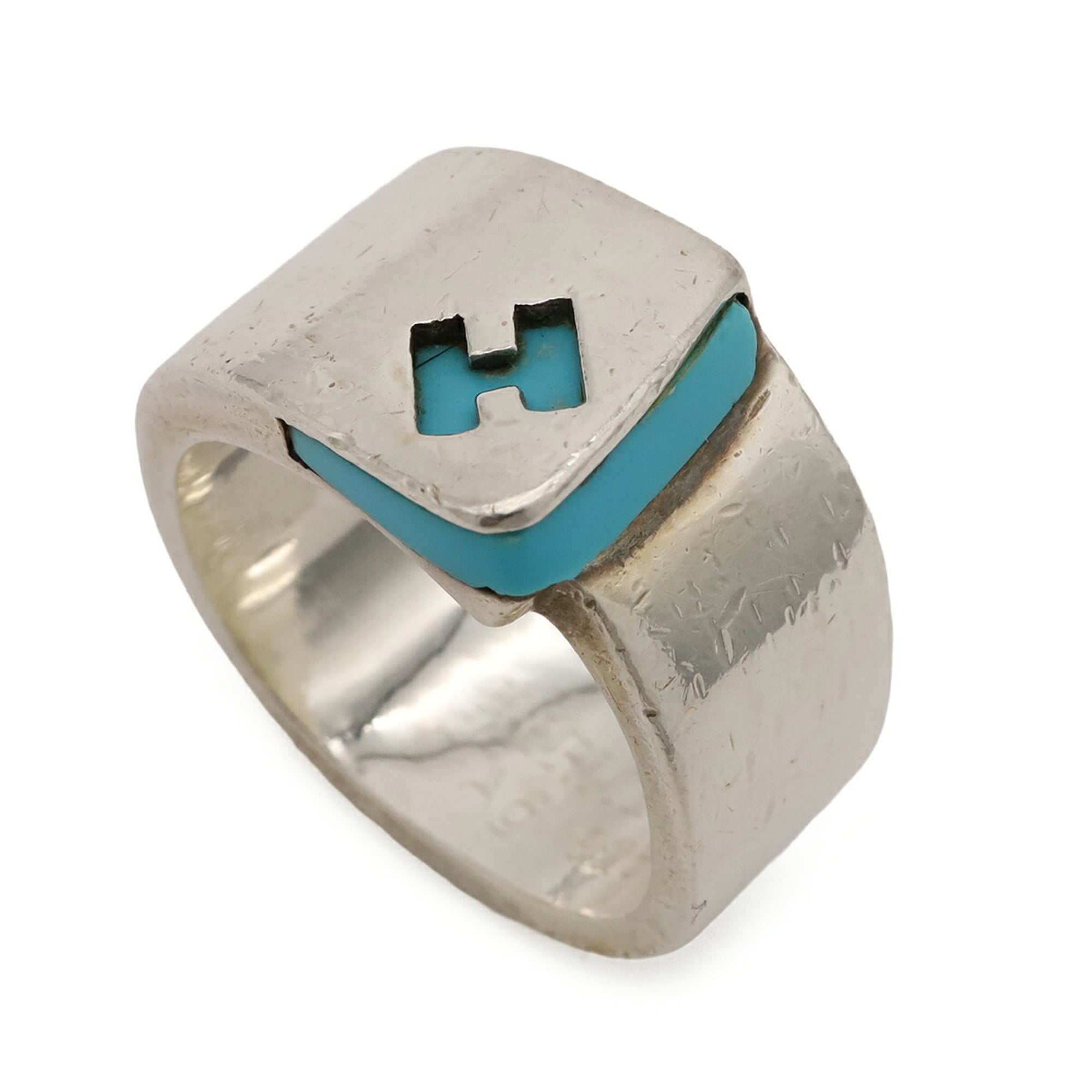 Hermes Silver Blue Silver 925 Band Ring (Pre-Owned)