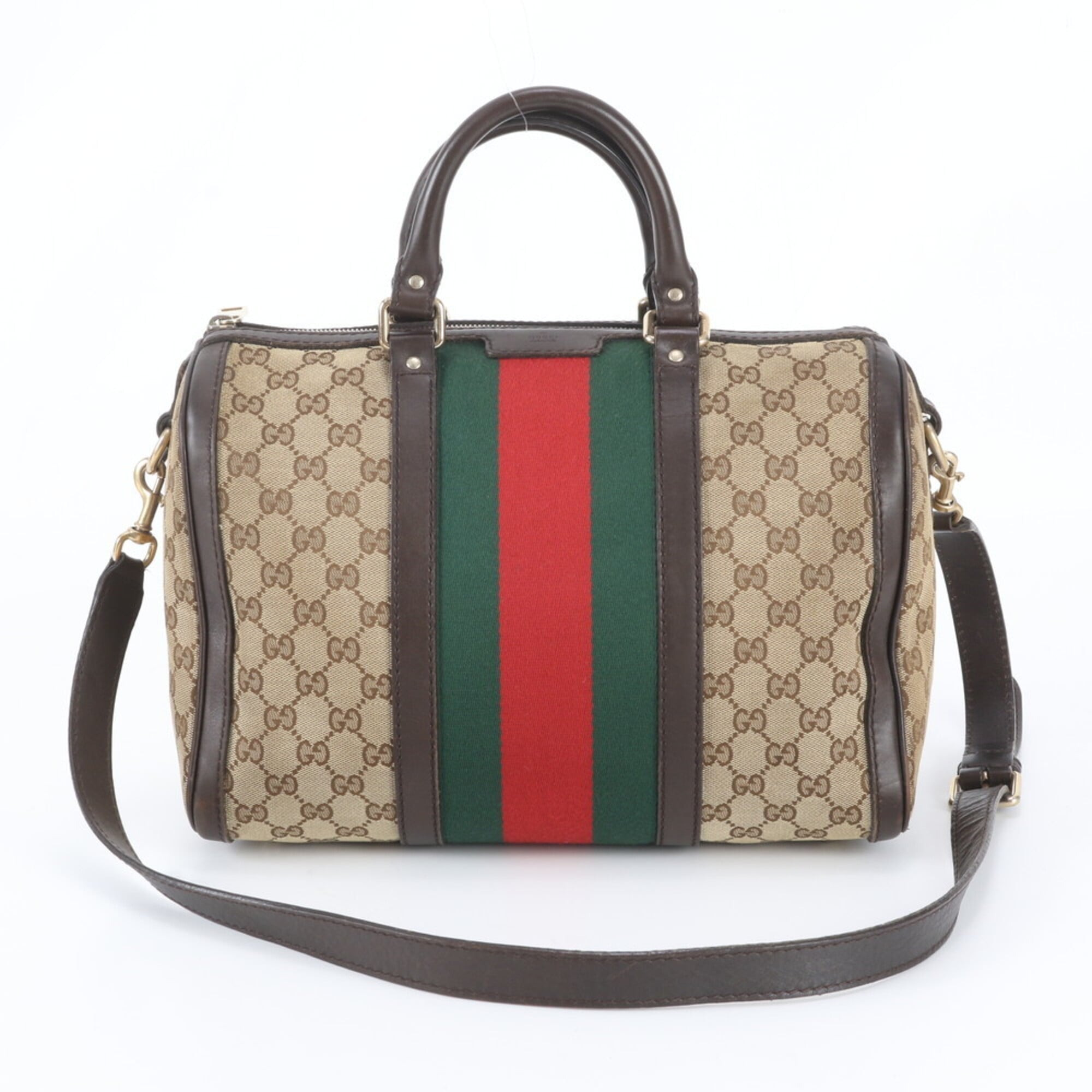 Gucci Brown Leather Canvas Boston Bag Handbag Shoulder Bag (Pre-Owned)