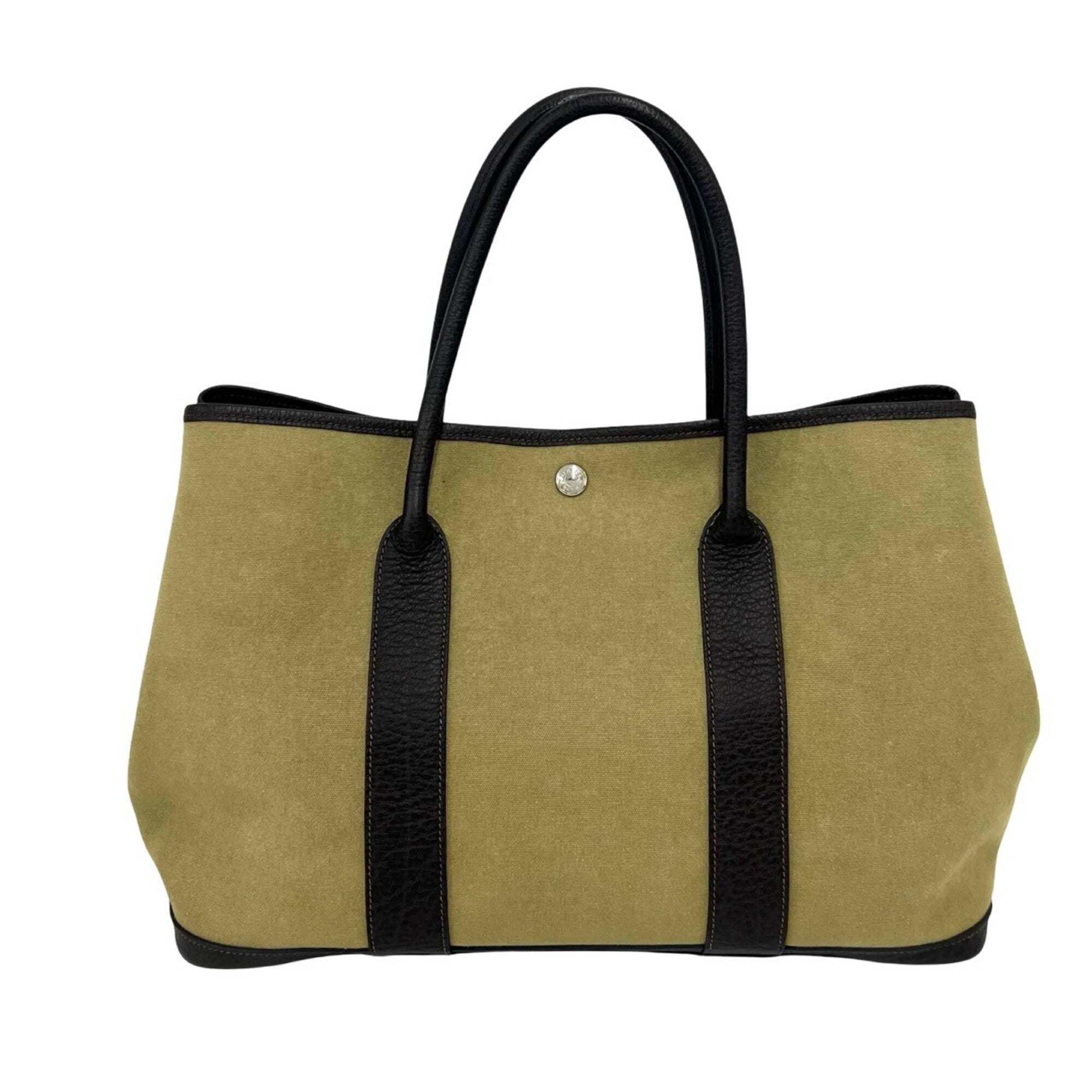 Hermes Brown Khaki Toile Officier Buffalo Leather Handbag Tote Bag (Pre-Owned)
