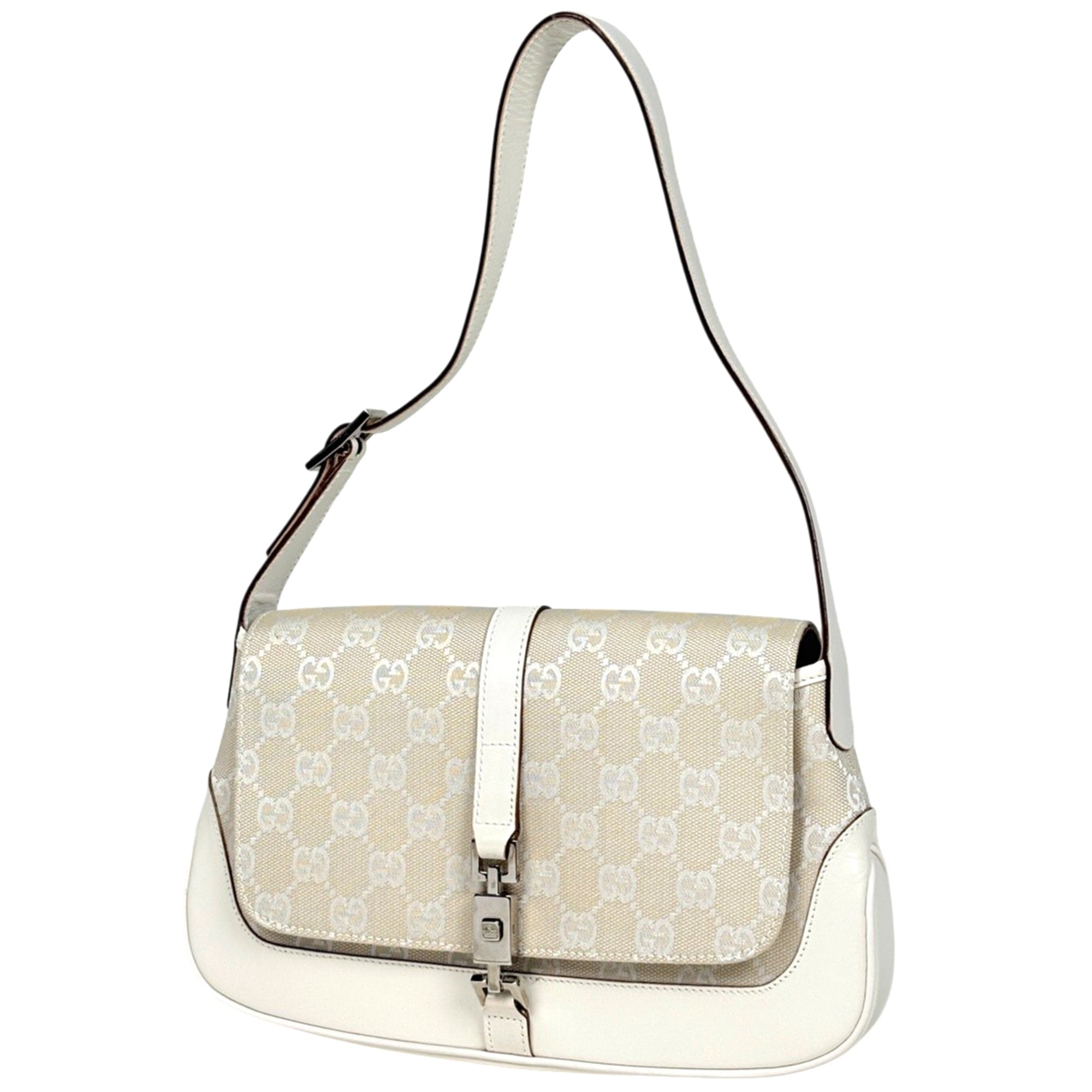 Gucci White Gg Canvas Leather Shoulder Bag (Pre-Owned)