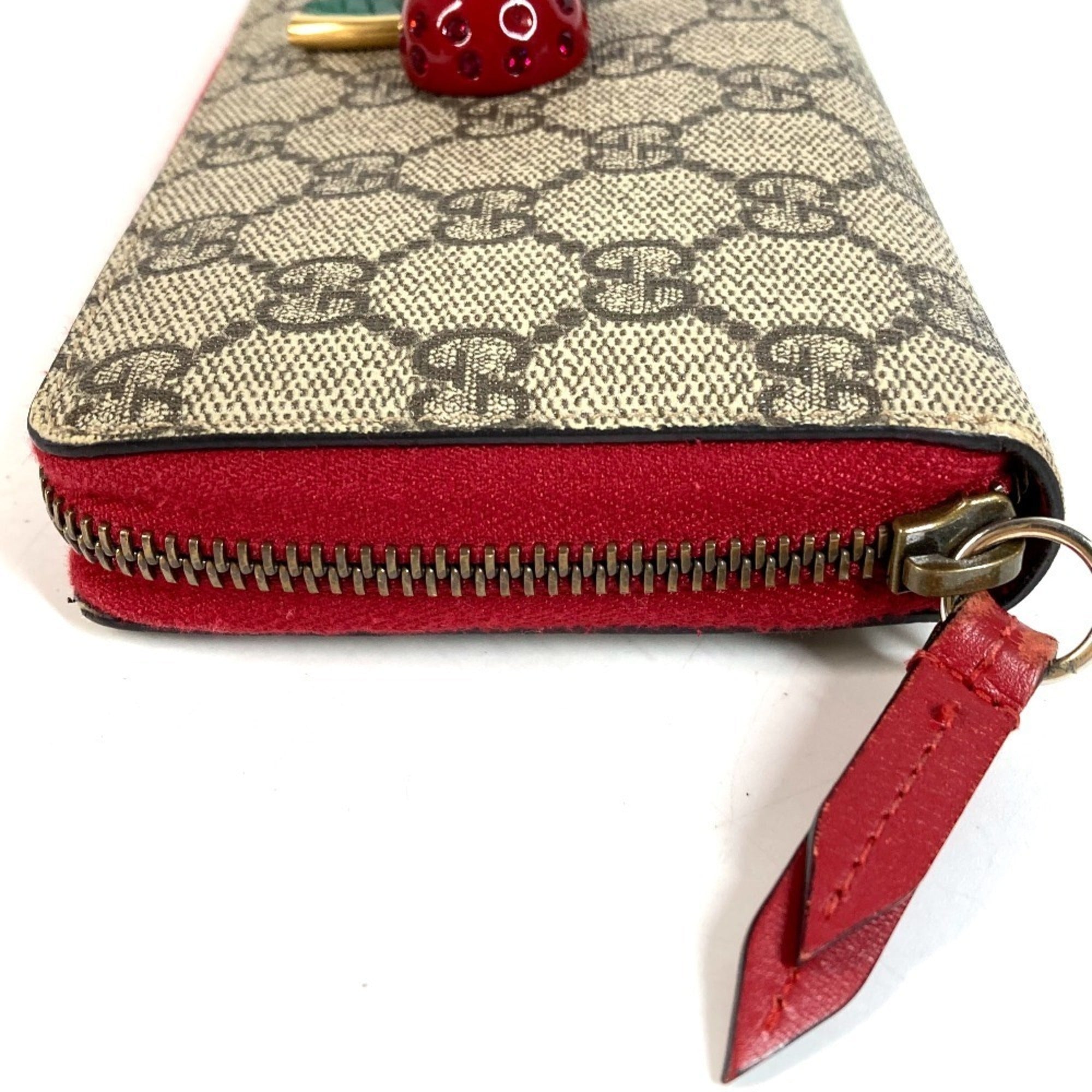 Gucci Gg Supreme Beige Red Color Gg Supreme Leather Long Wallet (Bi-Fold) (Pre-Owned)