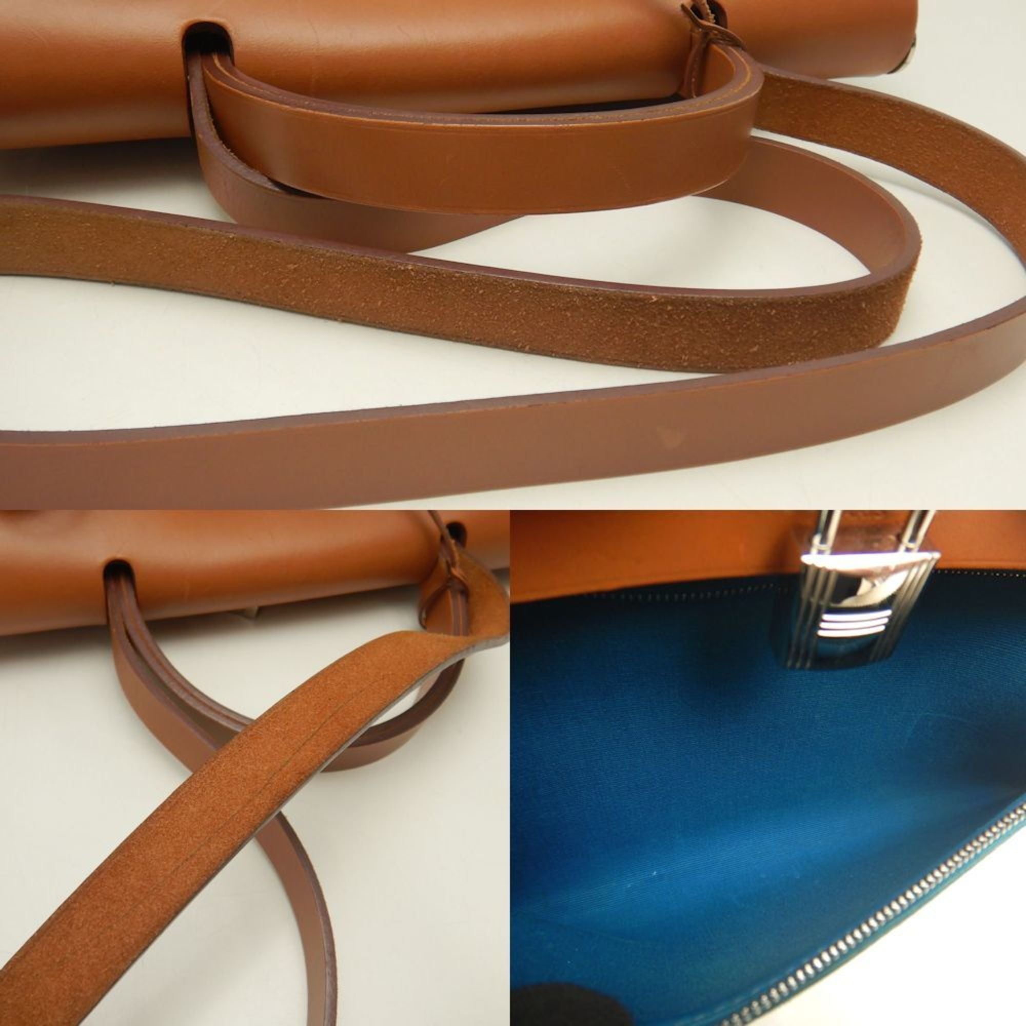 Hermes Her Bag Turquoise Blue Toile Officier Leather Handbag (Pre-Owned)