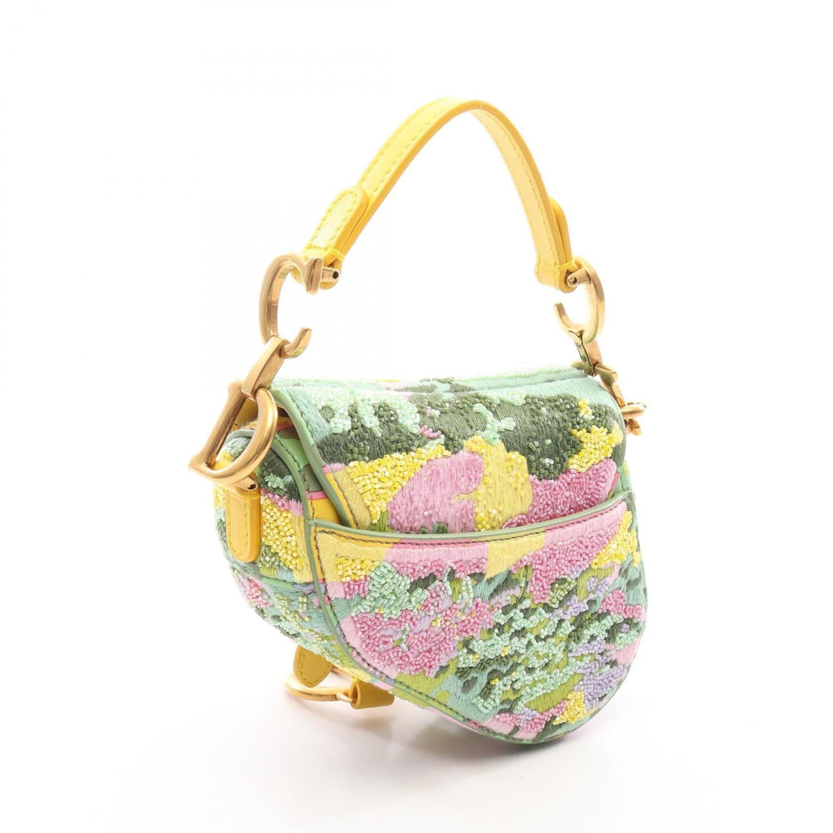 Christian Dior Green Green Multi-Color Yellow Leather Fabric Handbag Saddle Bag (Pre-Owned)