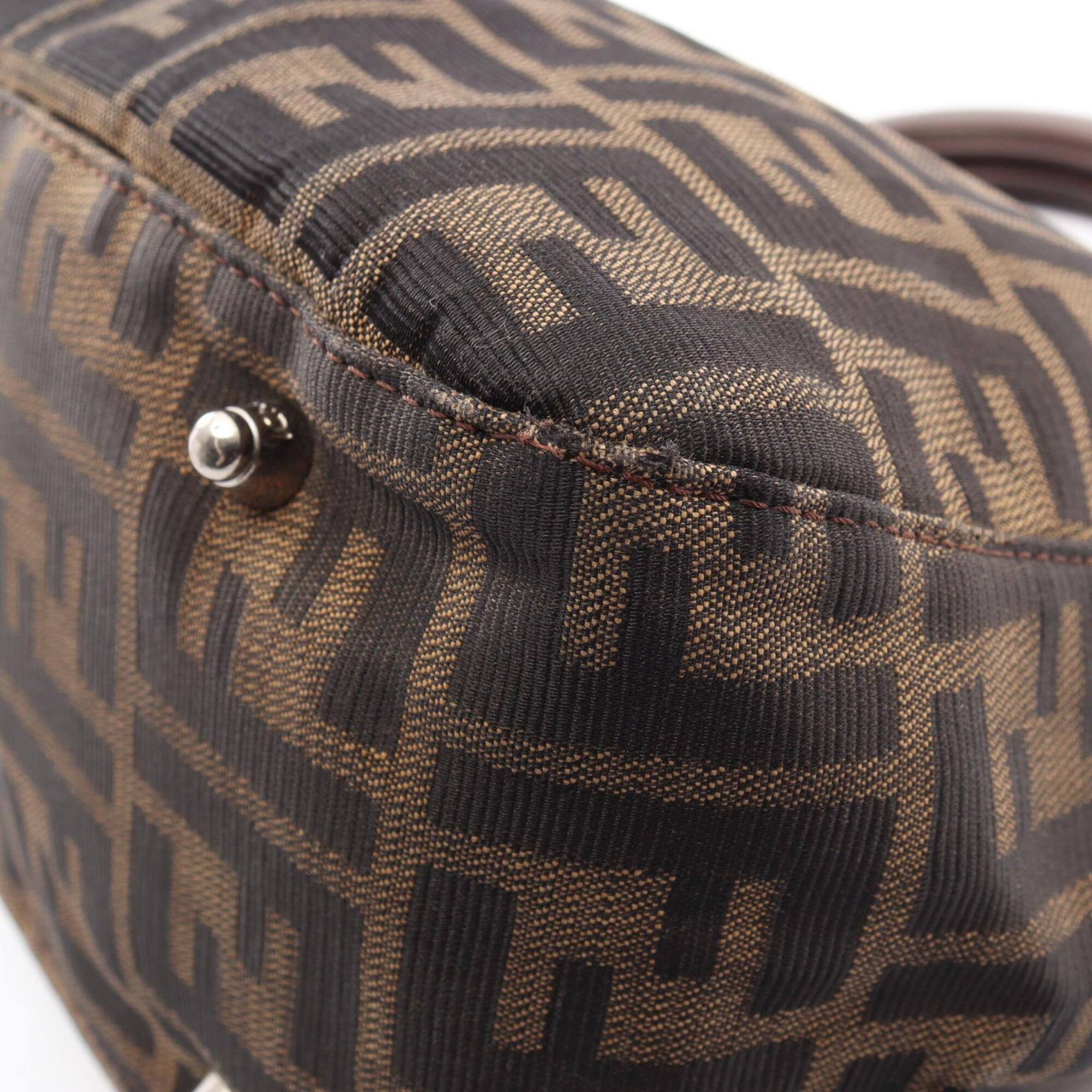 Fendi Beige Black Brown Leather Nylon Canvas Handbag (Pre-Owned)