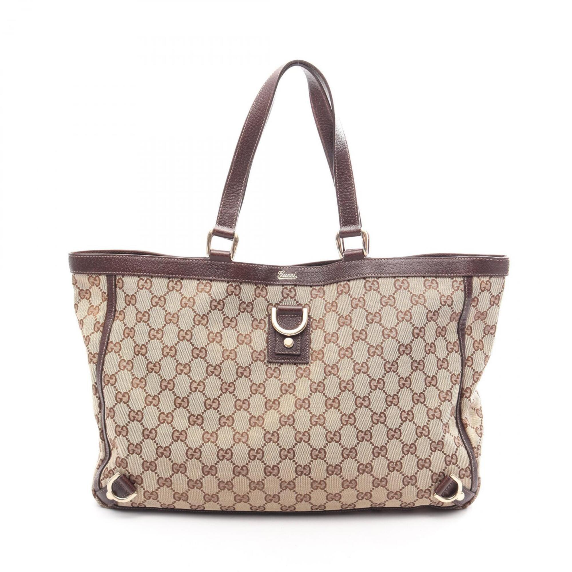 Gucci Beige Brown Canvas Leather Handbag Tote Bag (Pre-Owned)