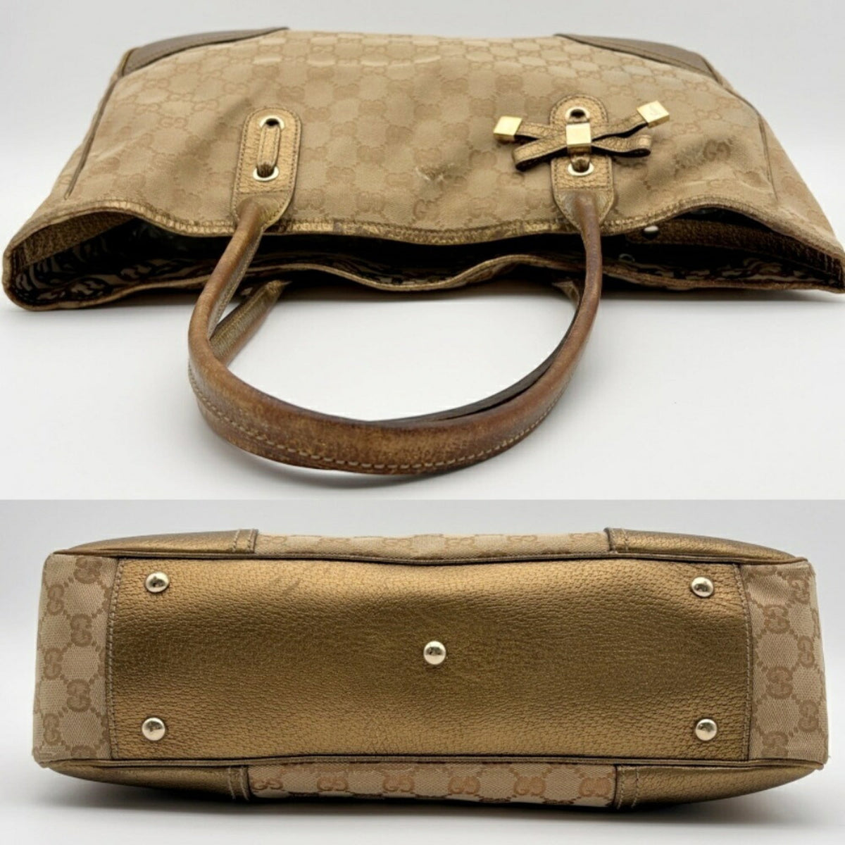 Gucci Beige Gold Gg Canvas Leather Shoulder Bag Tote Bag (Pre-Owned)