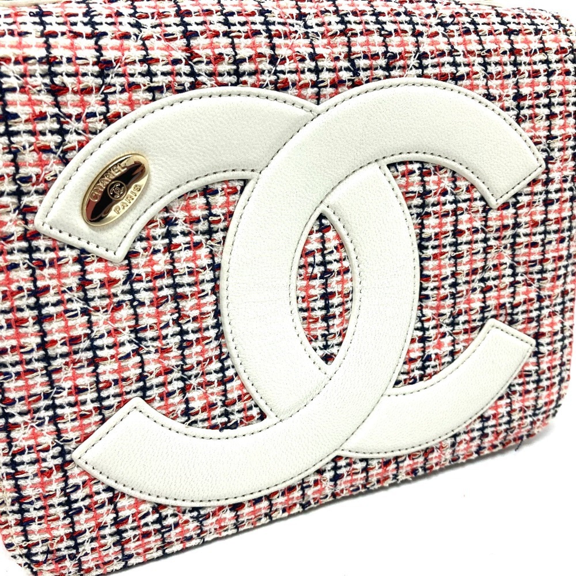 Chanel Red Color White Tweed Leather Pochette Shoulder Bag (Pre-Owned)