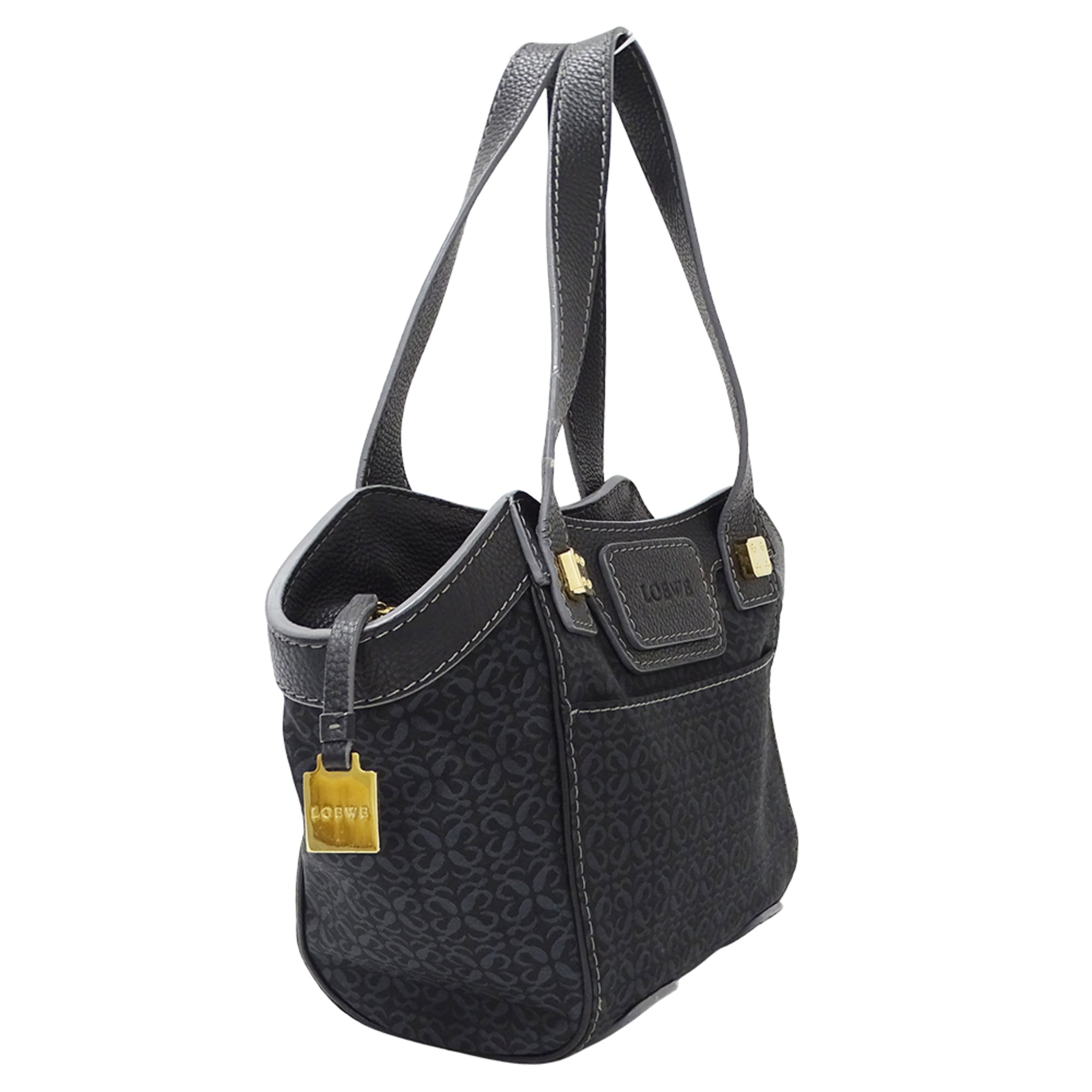 Loewe Black Navy Canvas Leather Handbag Tote Bag (Pre-Owned)
