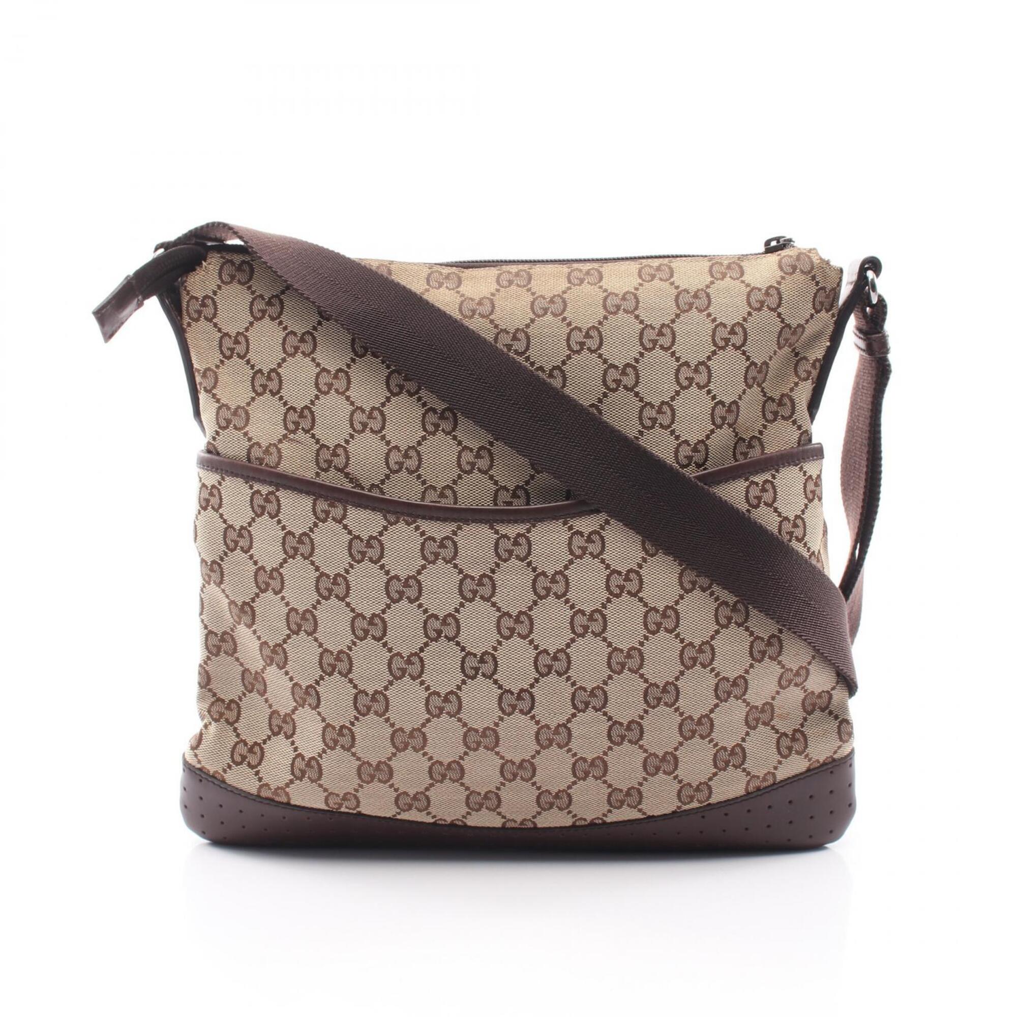 Gucci Beige Brown Canvas Leather Shoulder Bag (Pre-Owned)