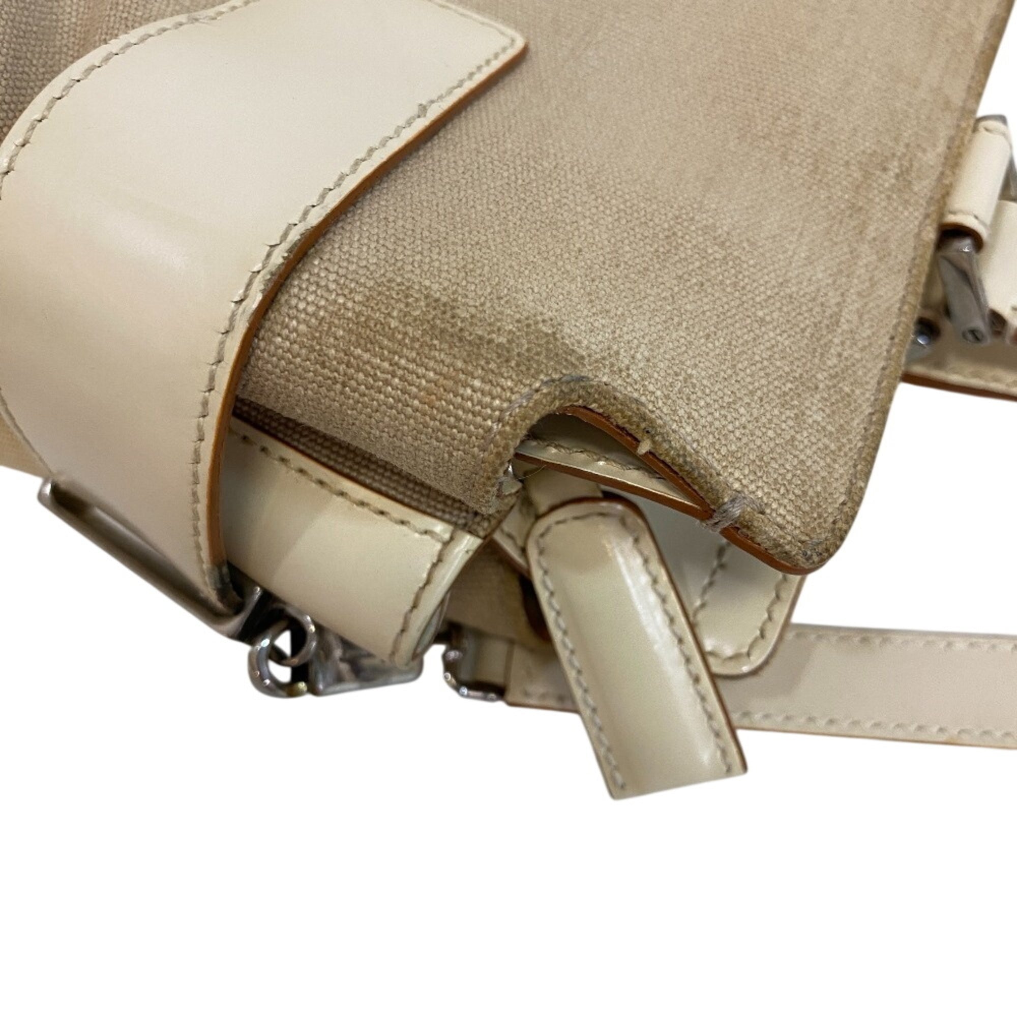 Salvatore Ferragamo Beige White Canvas Leather Handbag Shoulder Bag (Pre-Owned)