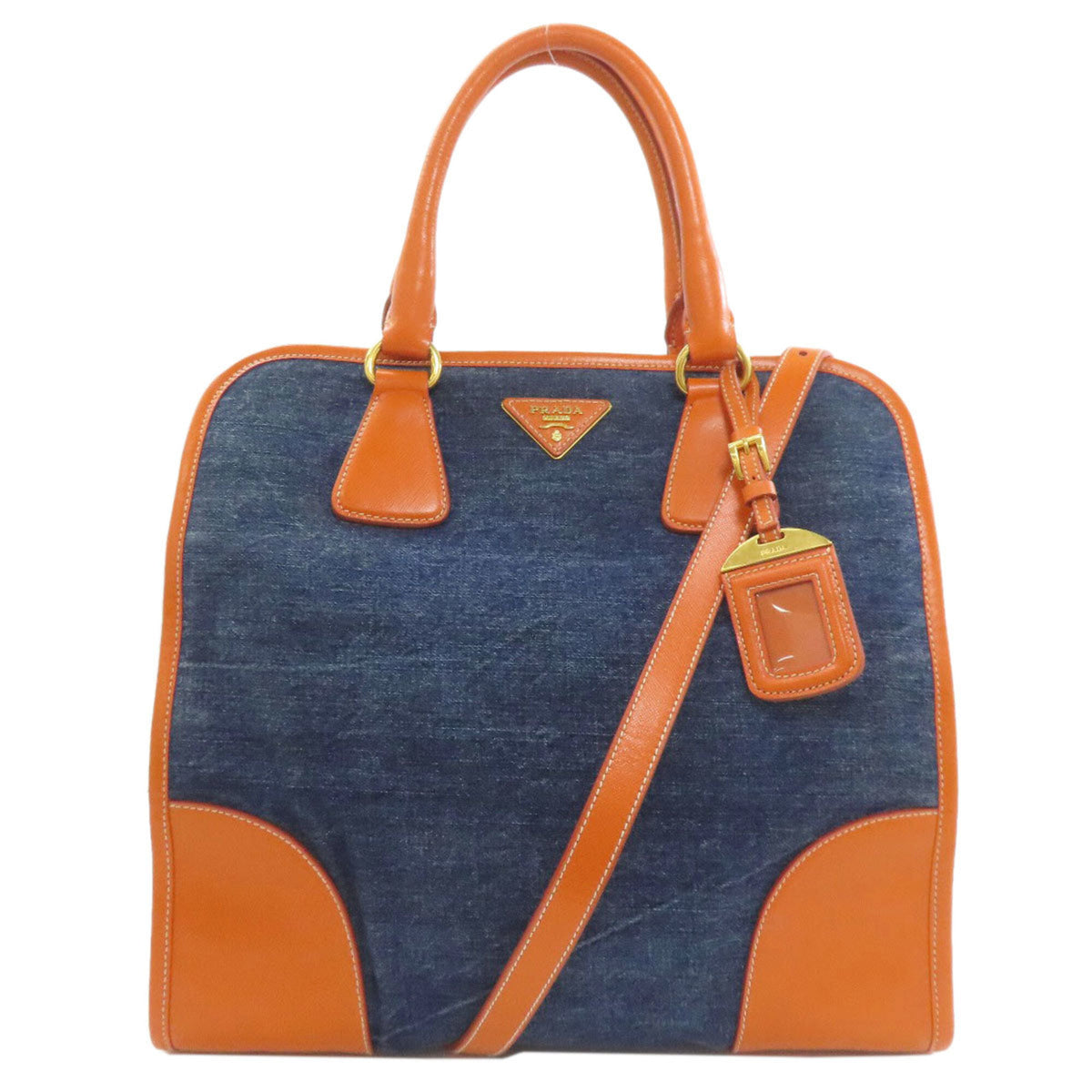 Prada Blue Orange Canvas Leather Handbag (Pre-Owned)