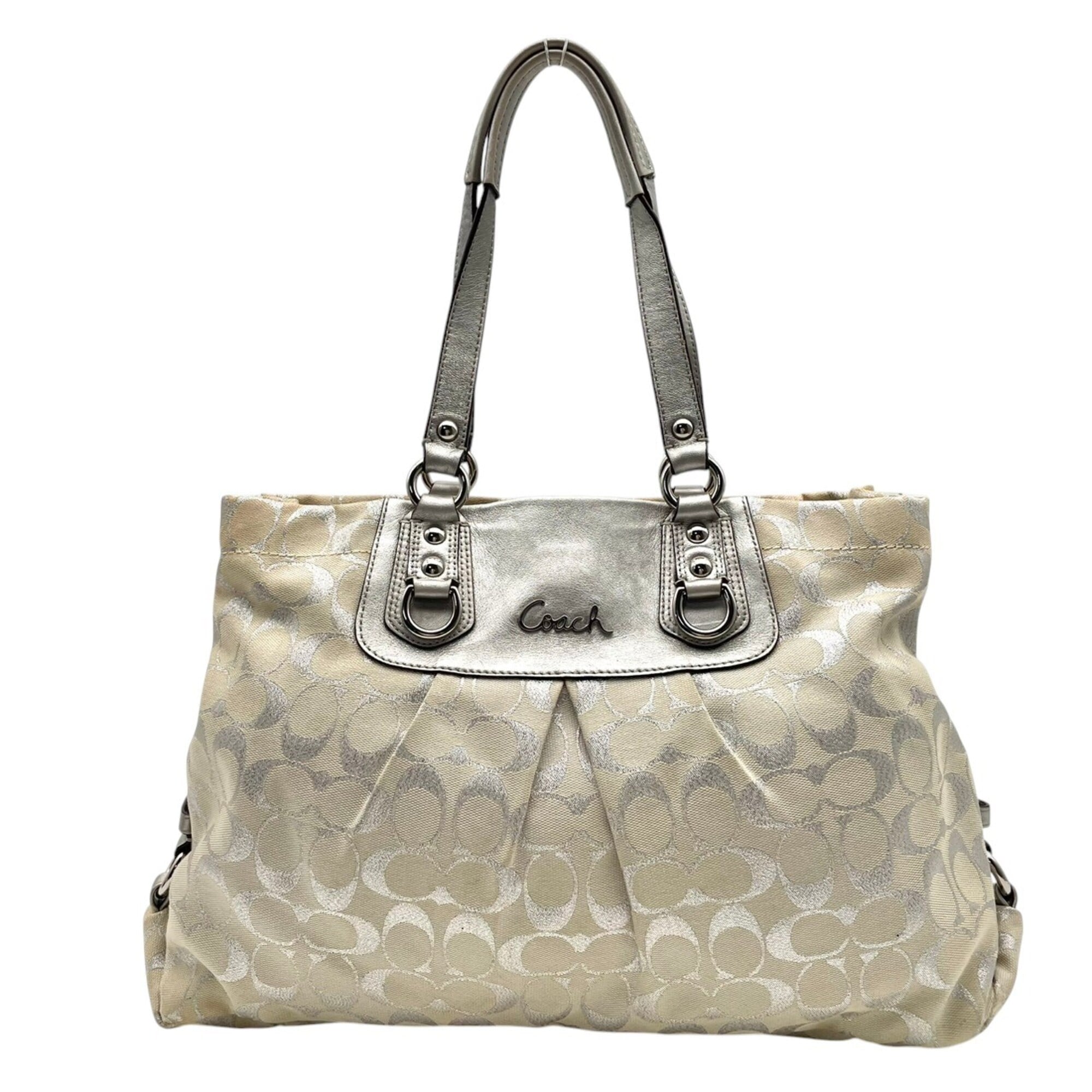 Coach Ivory Silver Canvas Leather Handbag Shoulder Bag Tote Bag (Pre-Owned)