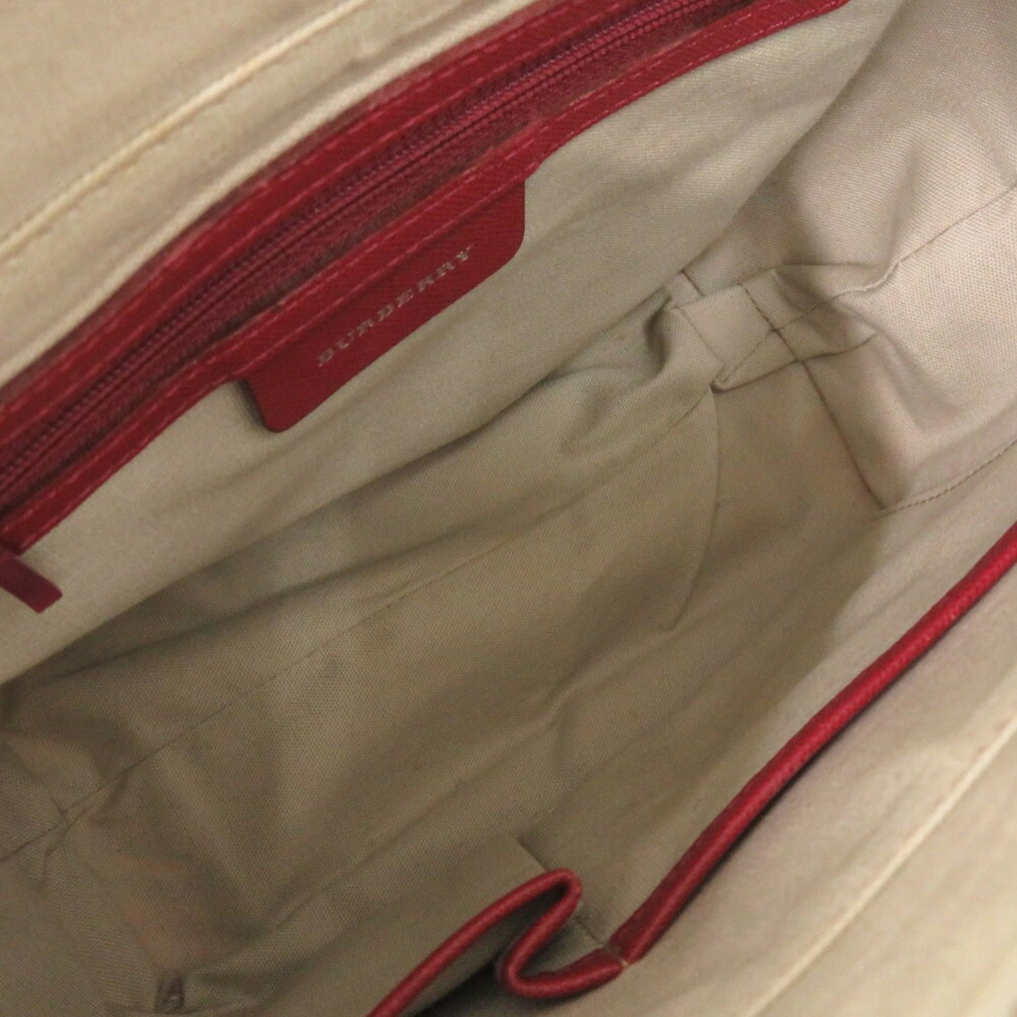 Burberry Beige Red Color Leather Canvas Handbag (Pre-Owned)