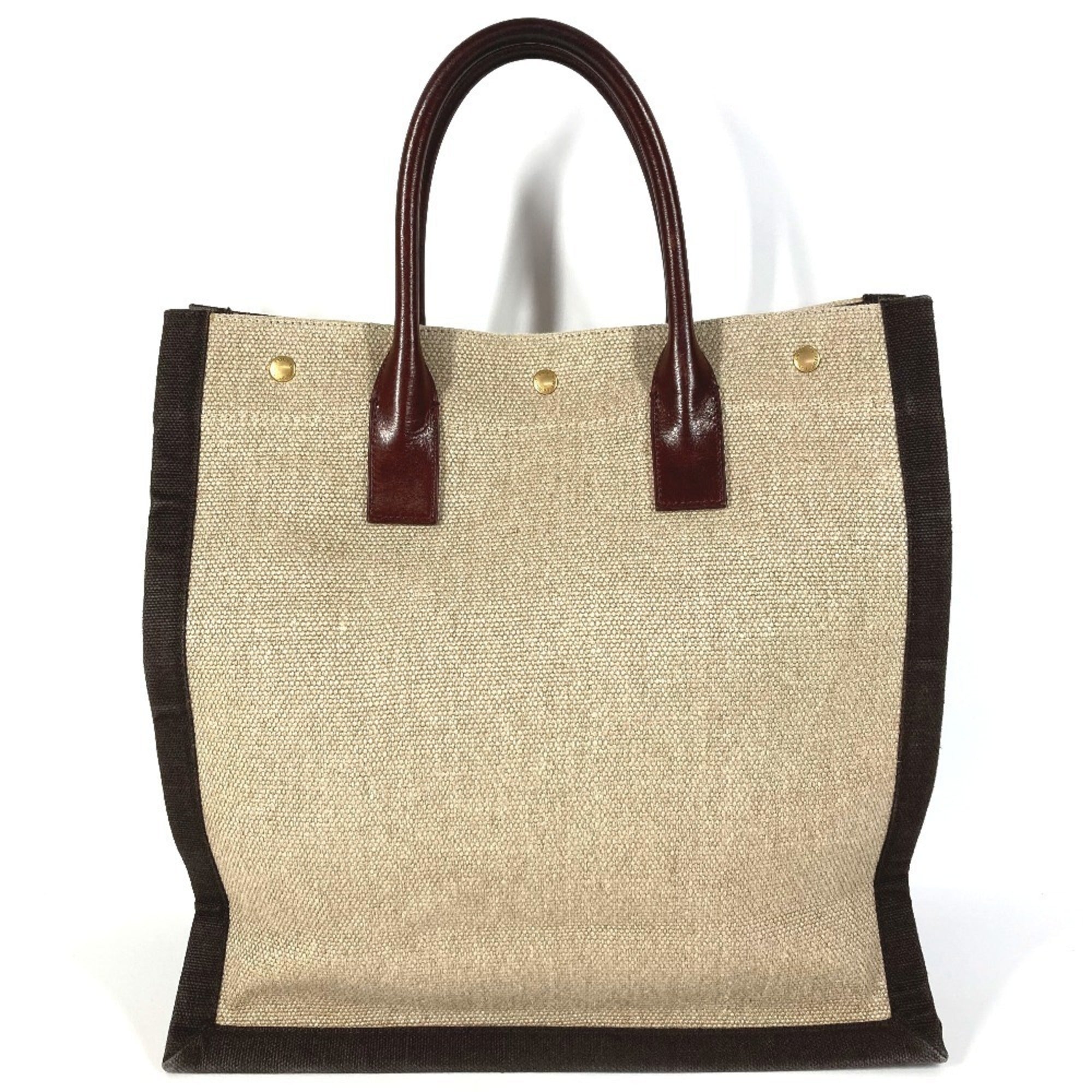 Yves Saint Laurent Beige Brown Linen Leather Handbag Shoulder Bag Tote Bag (Pre-Owned)