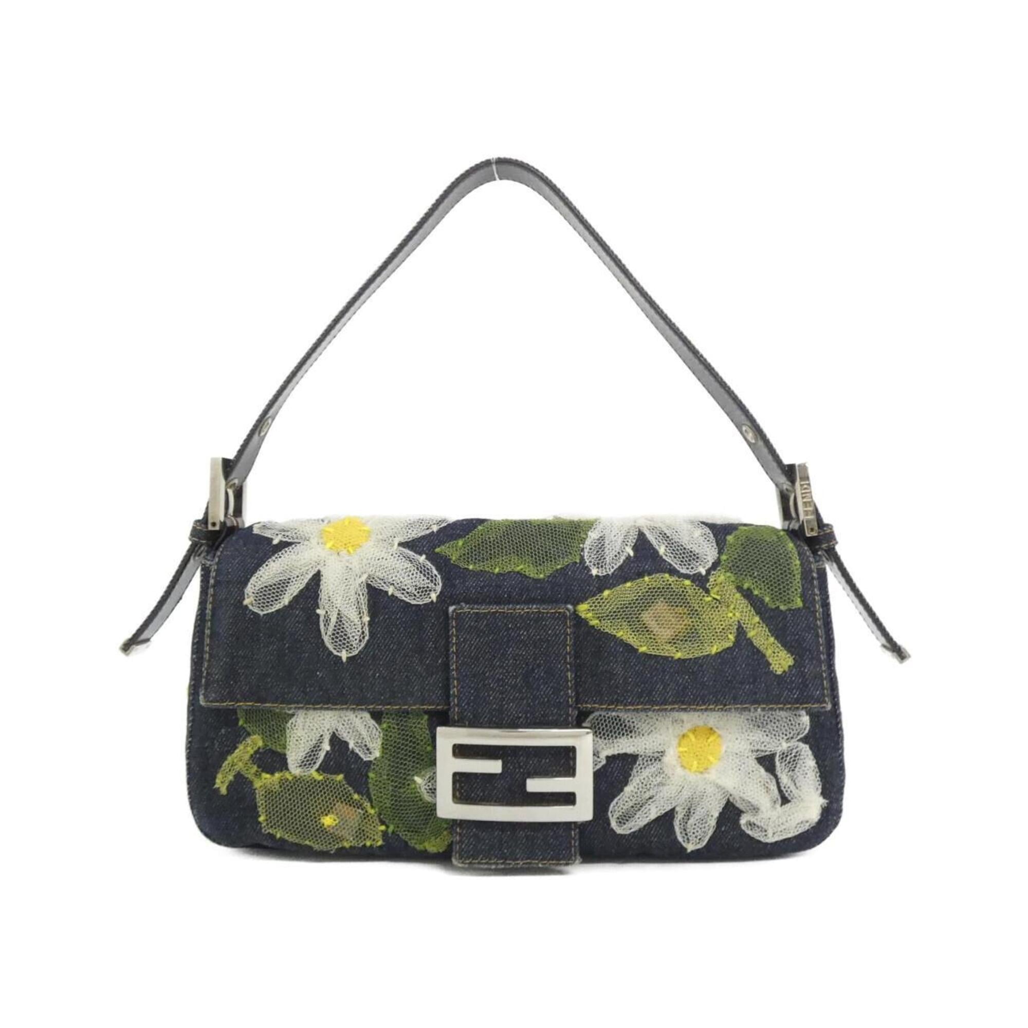 Fendi Baguette Green Navy White Yellow Denim Shoulder Bag (Pre-Owned)