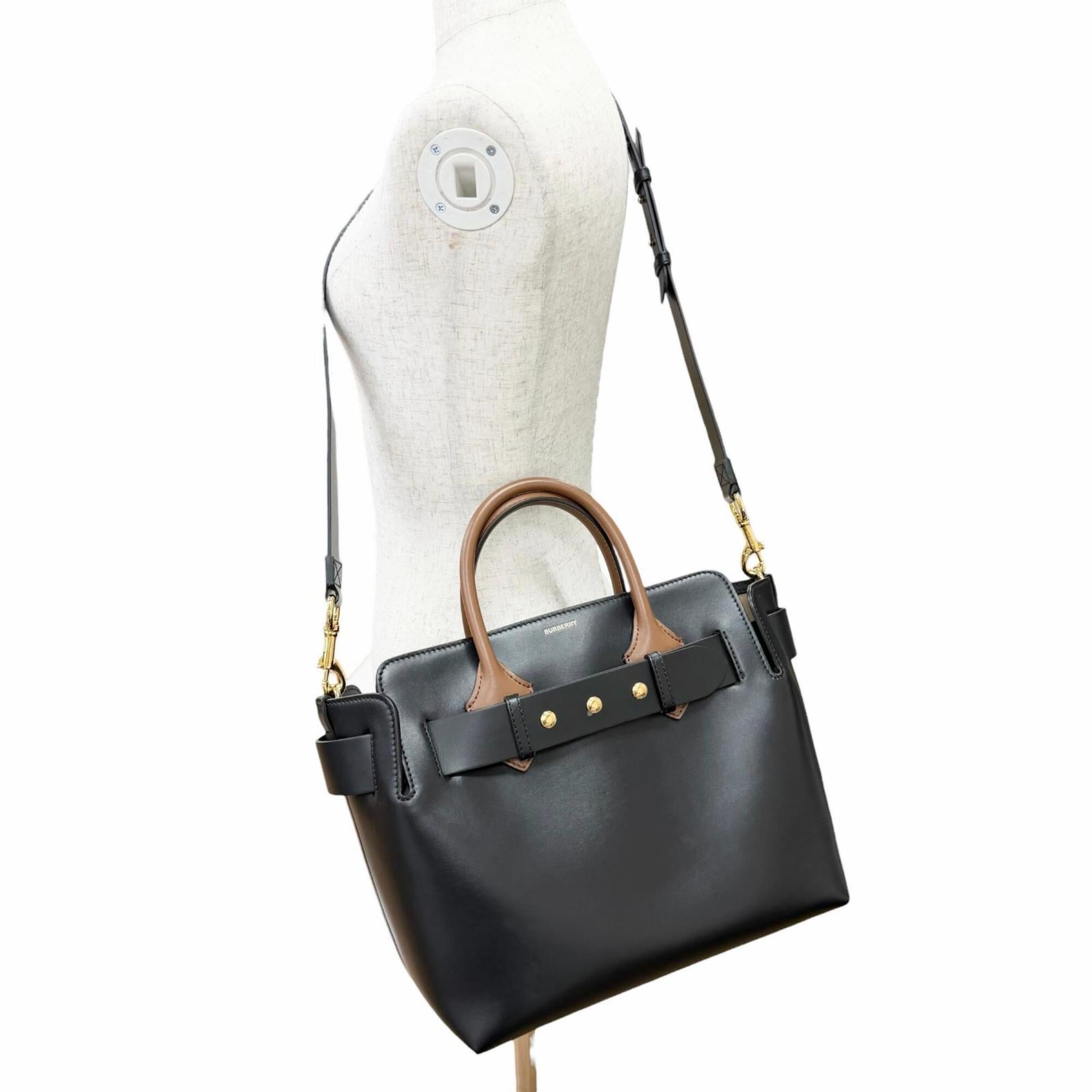 Burberry Black Brown Leather Cotton Polyester Shoulder Bag Tote Bag (Pre-Owned)
