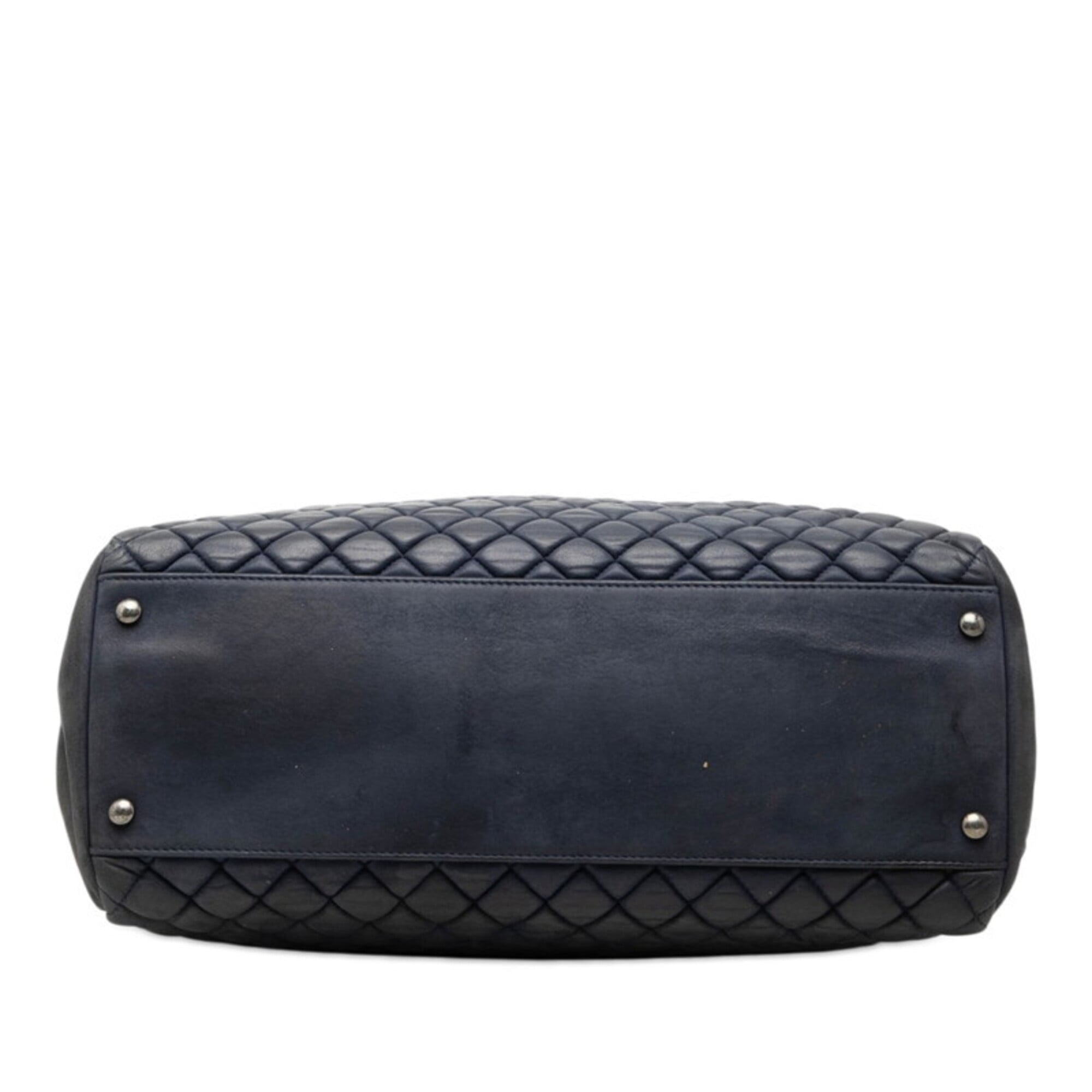Chanel Navy Silver Leather Shoulder Bag Tote Bag (Pre-Owned)