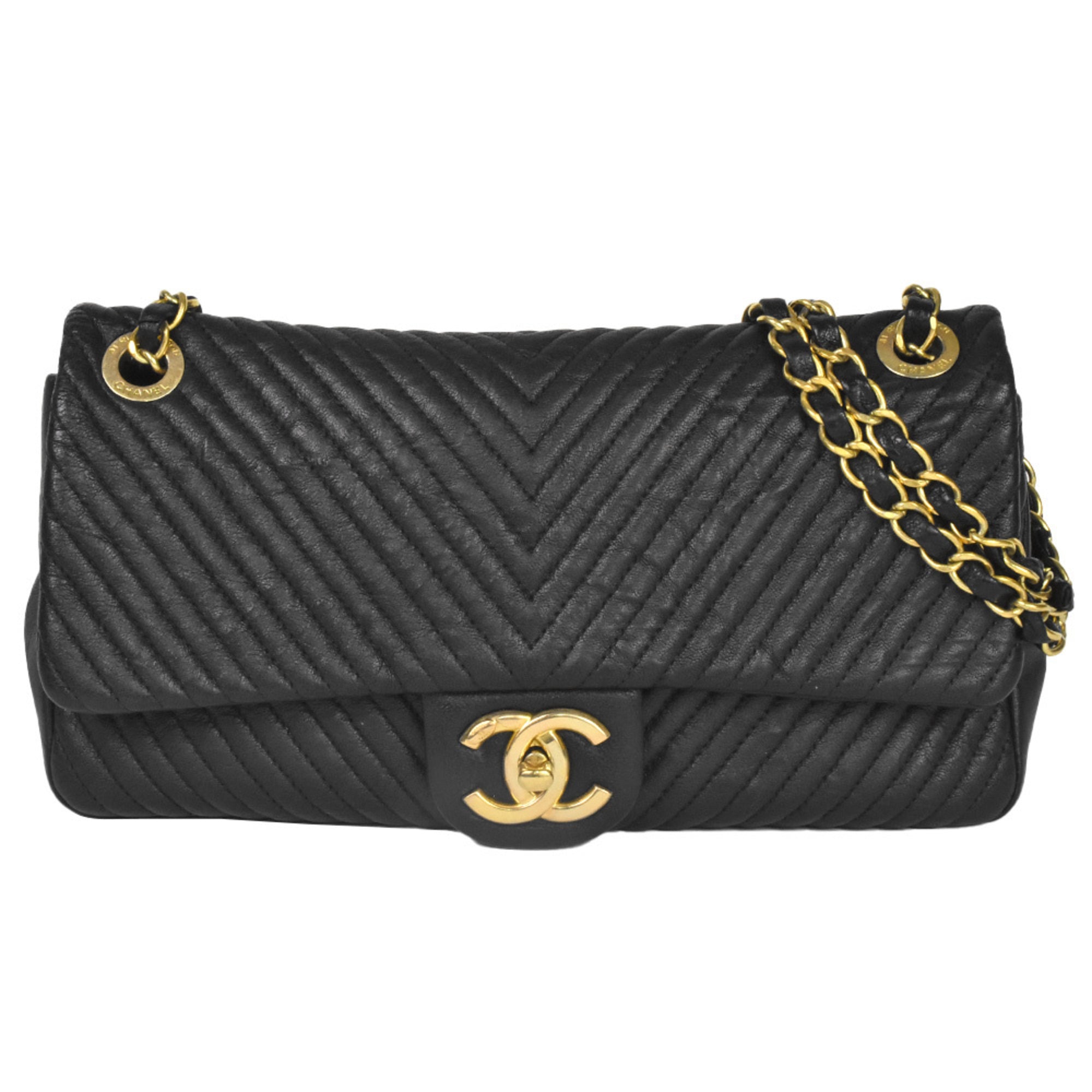 Chanel Chevron (V Stitch) Black Leather Shoulder Bag (Pre-Owned)