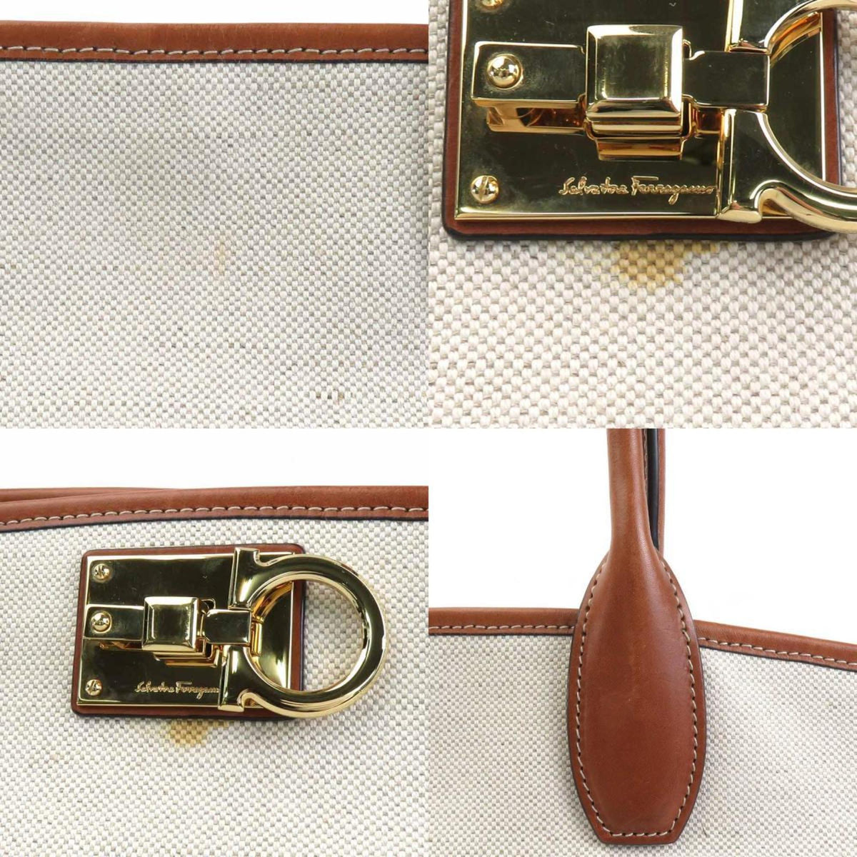 Salvatore Ferragamo Brown Ivory Canvas Leather Handbag (Pre-Owned)