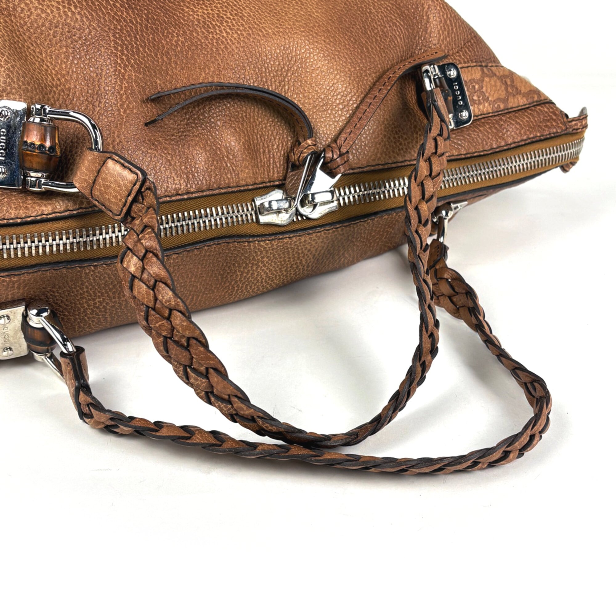 Gucci Guccissima Brown Leather Gg Leather Bamboo Handbag (Pre-Owned)
