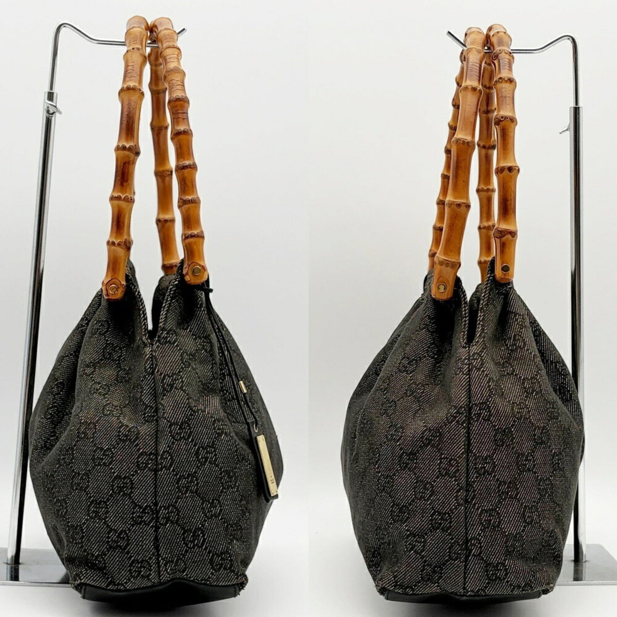 Gucci Black Dark Gray Bamboo Gg Canvas Leather Shoulder Bag Tote Bag (Pre-Owned)