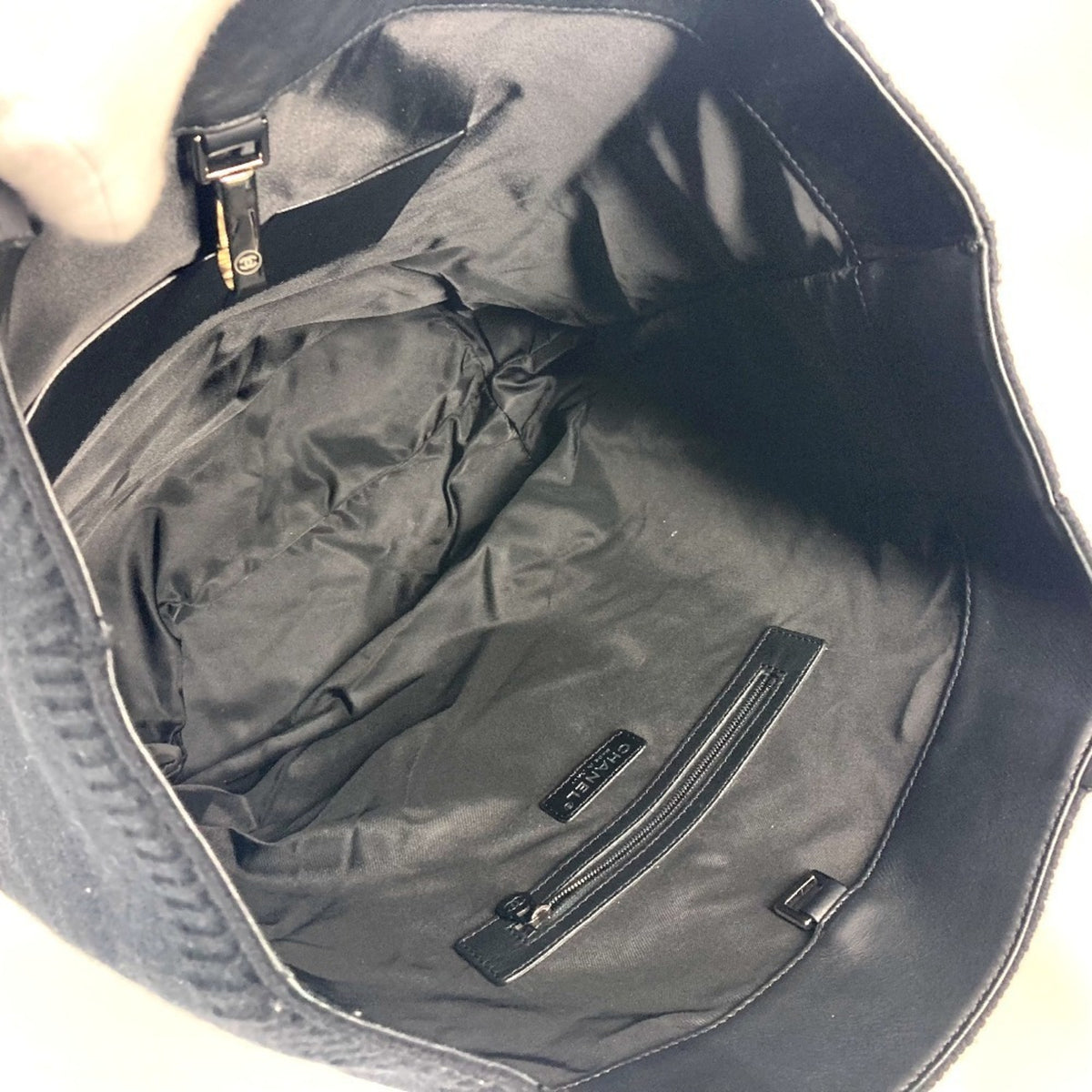 Chanel Black Knit Leather Shoulder Bag Tote Bag (Pre-Owned)