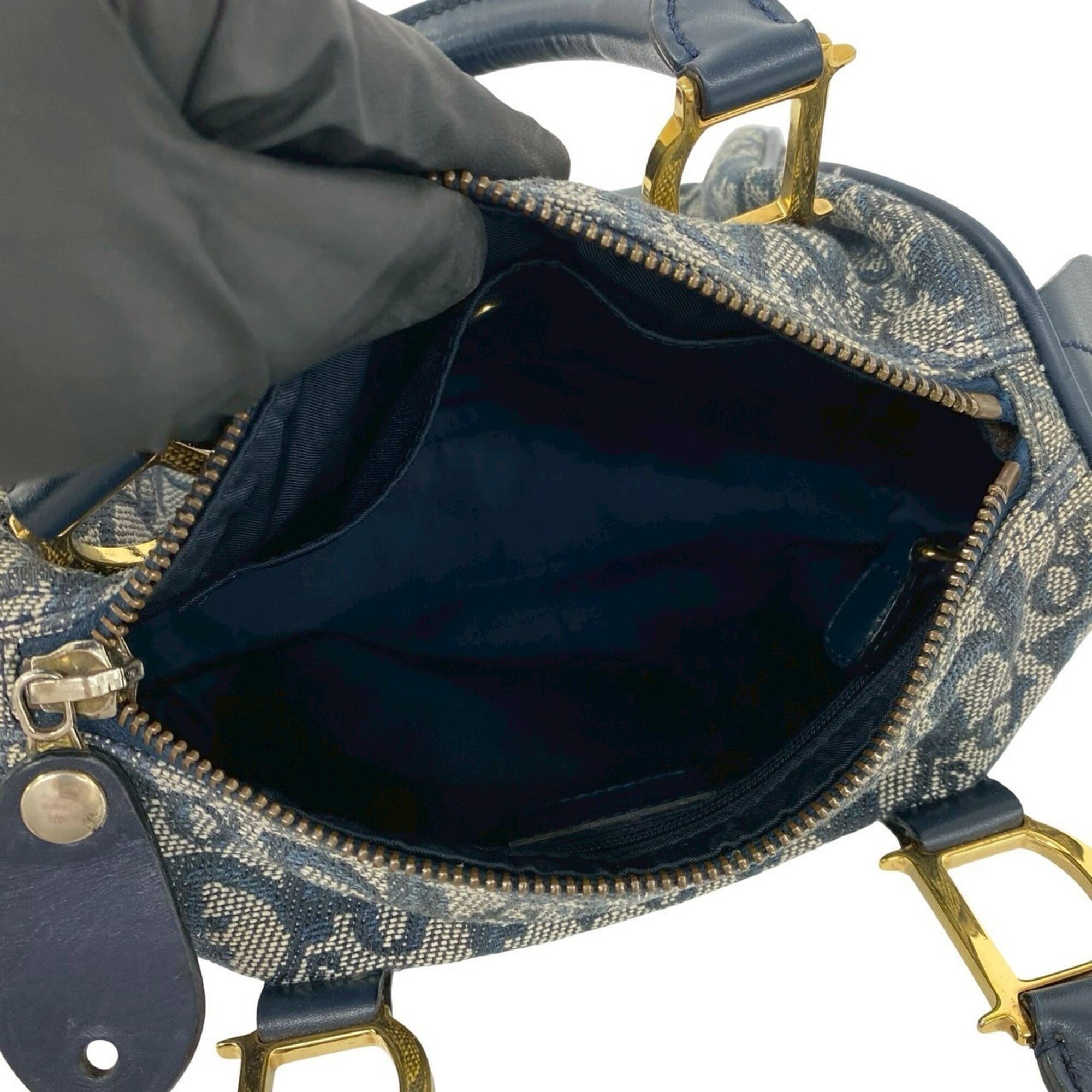 Christian Dior Navy Canvas Leather Boston Bag Handbag (Pre-Owned)