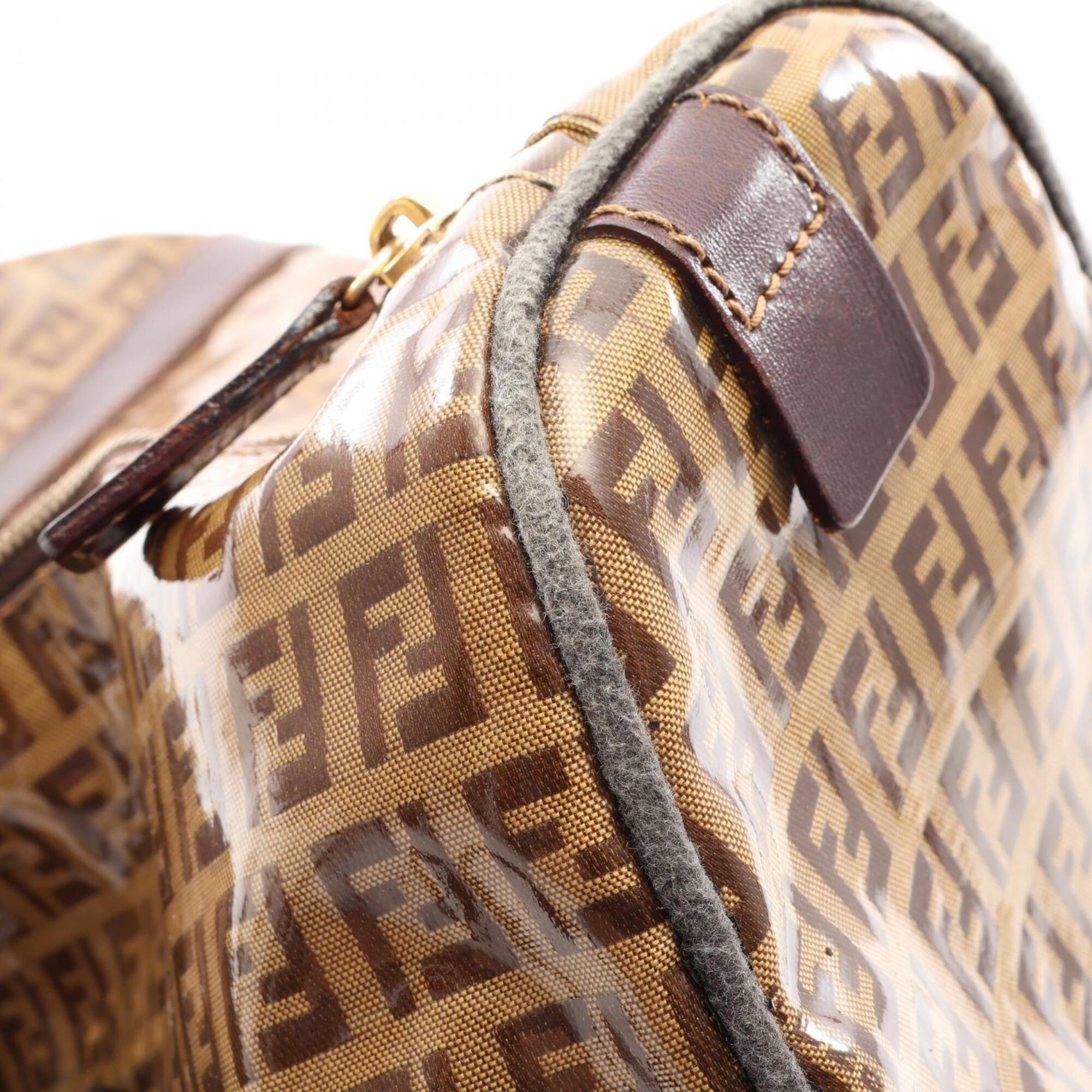 Fendi Beige Brown Canvas Leather Boston Bag Handbag (Pre-Owned)