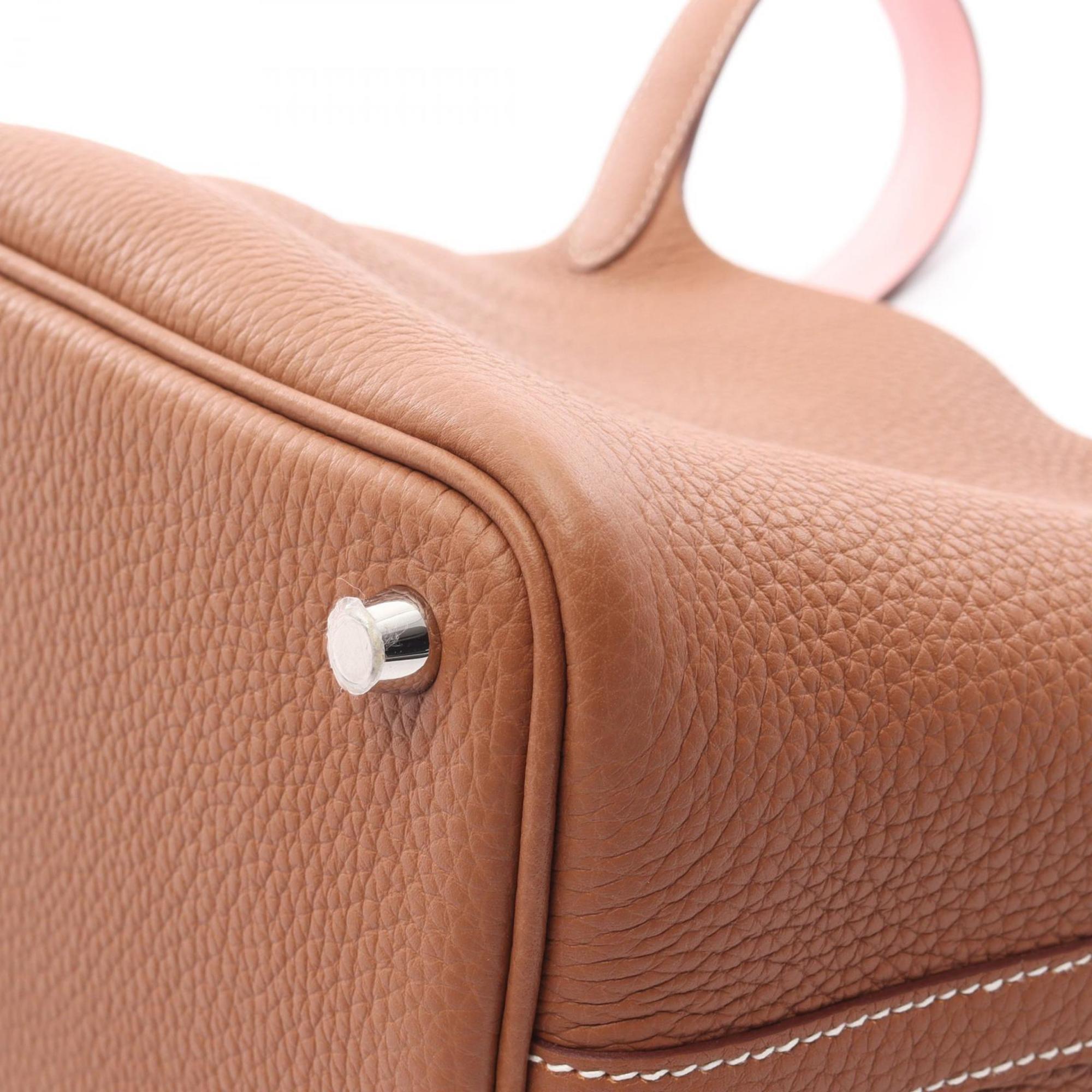 Hermes Brown Gold Brown Pink Rose Sakura Taurillon Clemence Leather Handbag (Pre-Owned)