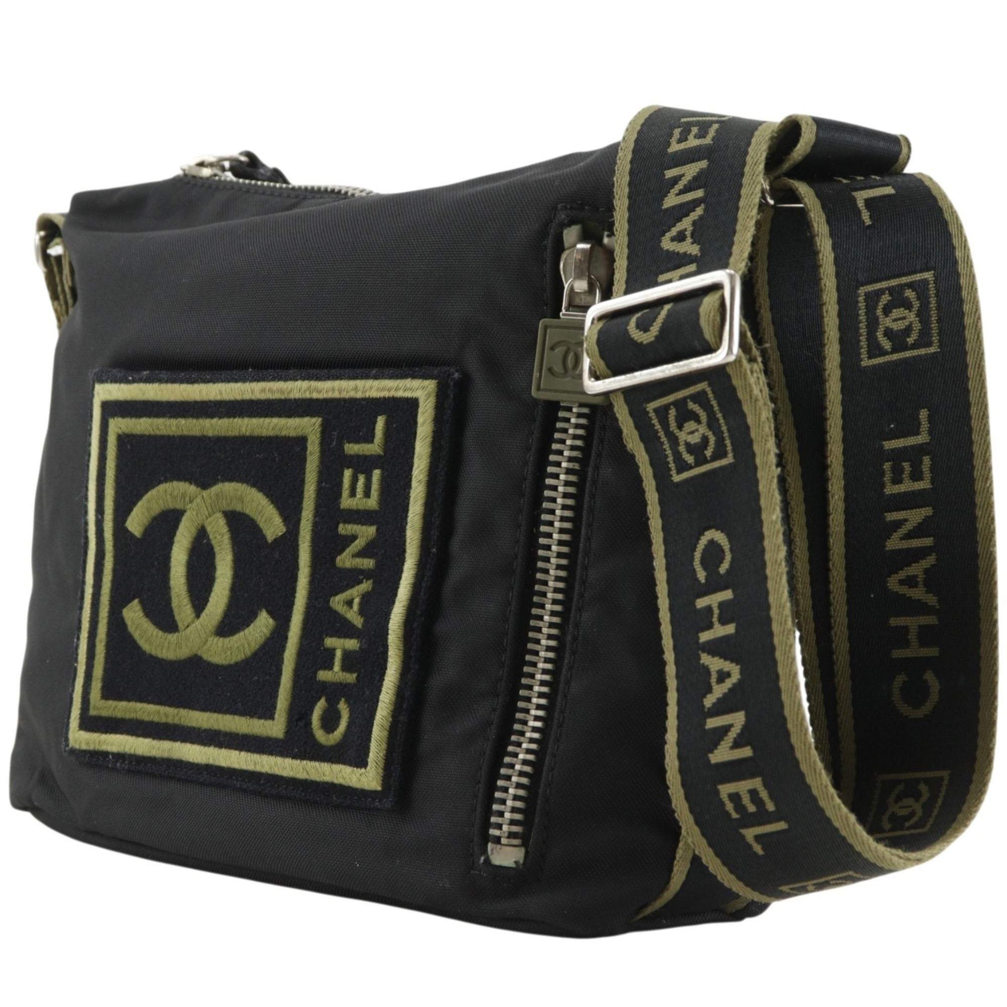 Chanel Black Khaki Nylon Canvas Shoulder Bag (Pre-Owned)