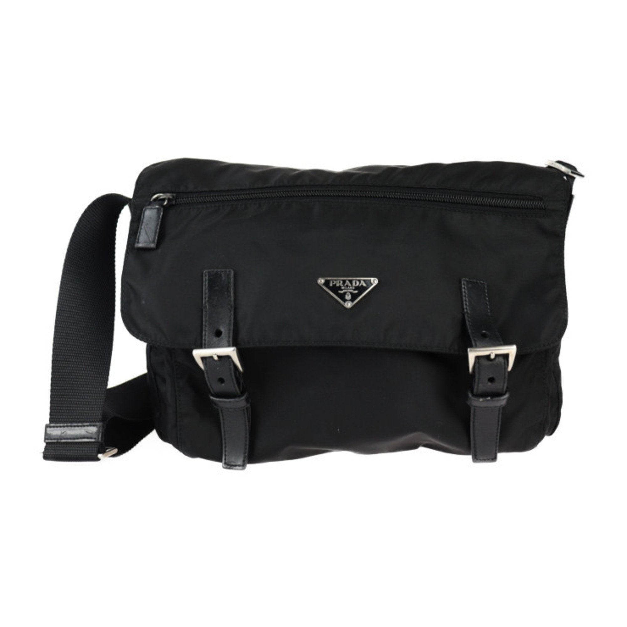 Prada Black Nylon Leather Messenger Bag Shoulder Bag (Pre-Owned)