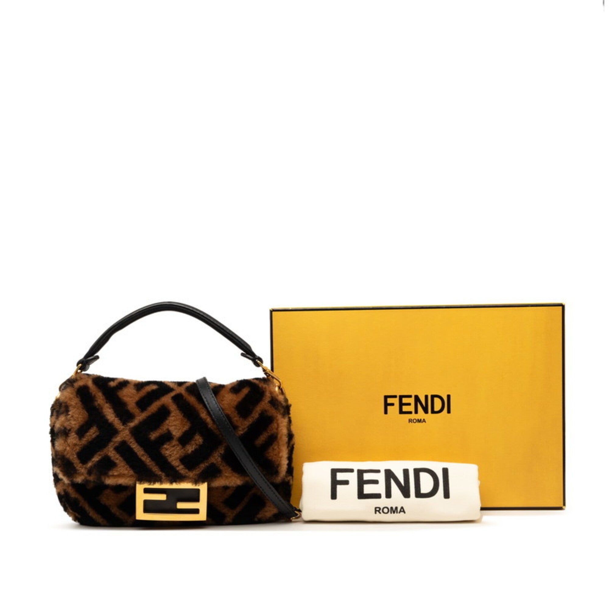 Fendi Zucca Brown Leather Handbag Shoulder Bag (Pre-Owned)