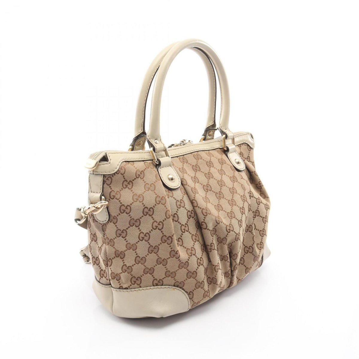 Gucci Beige Ivory Gg Canvas Leather Handbag (Pre-Owned)