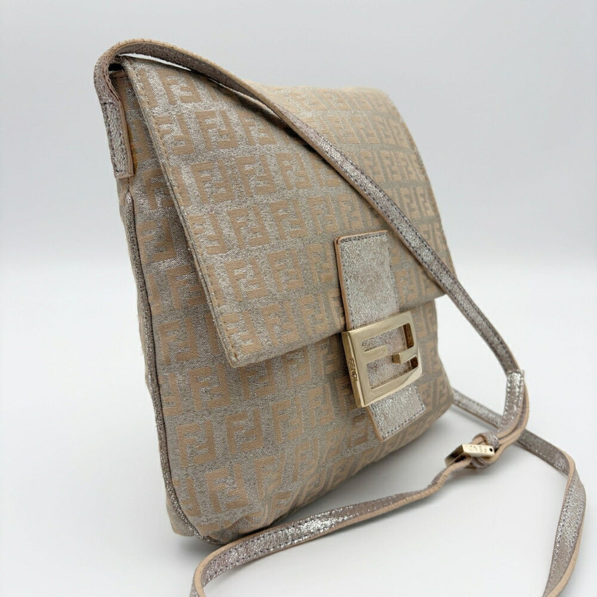 Fendi Zucchino Beige Silver Canvas Leather Pochette Shoulder Bag (Pre-Owned)